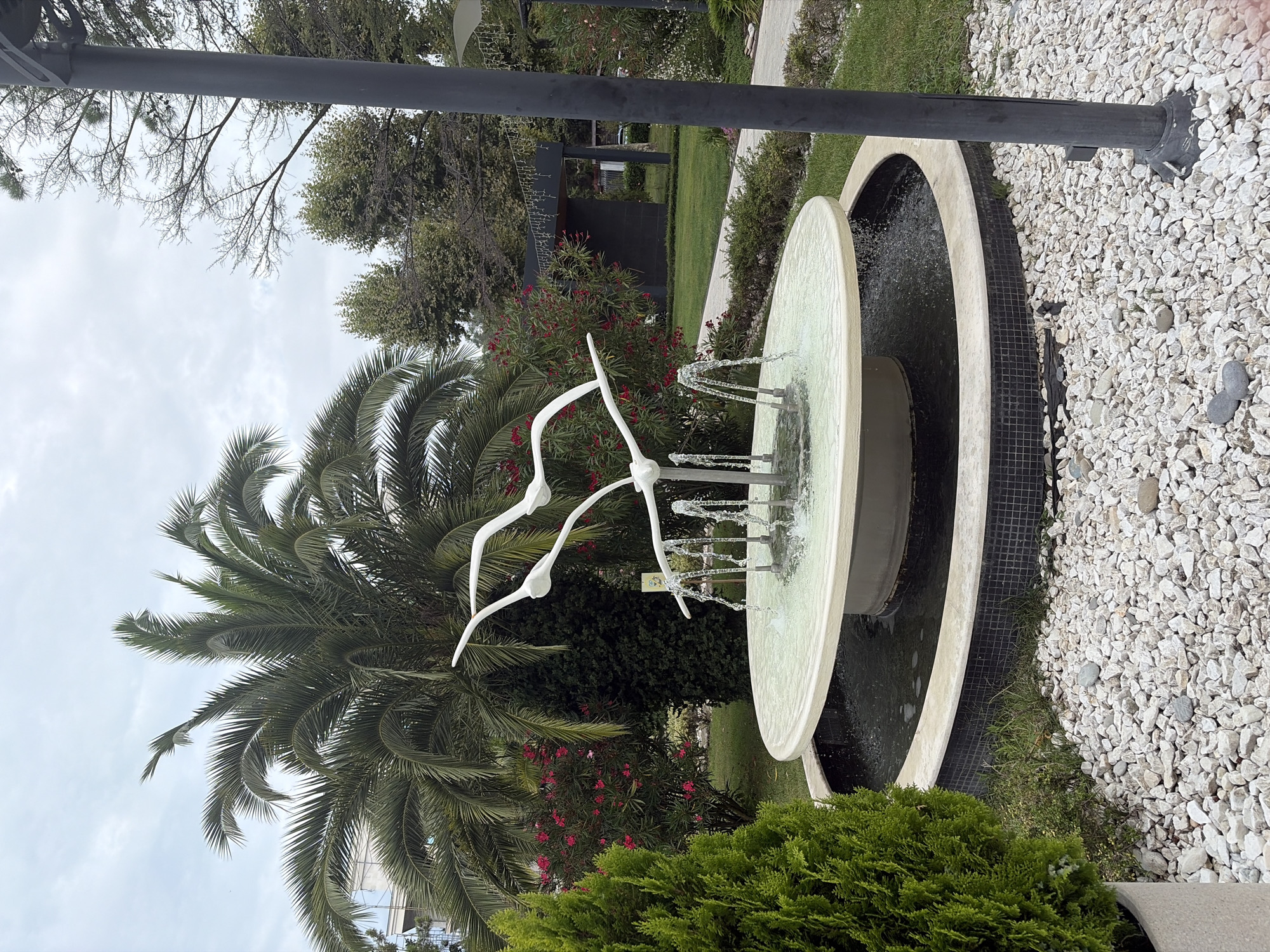 The image depicts an outdoor fountain sculpture featuring white birds in flight, located in a garden setting. The fountain has a circular basin with water spraying from several spouts. A large palm tree stands prominently behind the fountain, with flowering shrubs and a neatly manicured evergreen shrub to the left. In the background, there is a paved walkway, more trees, and a building. The scene is illuminated by overcast daylight. The image is a medium shot, taken from a slightly low angle, capturing the fountain, surrounding greenery, and a portion of the sky. The overall environment suggests a park or a well-maintained public space.