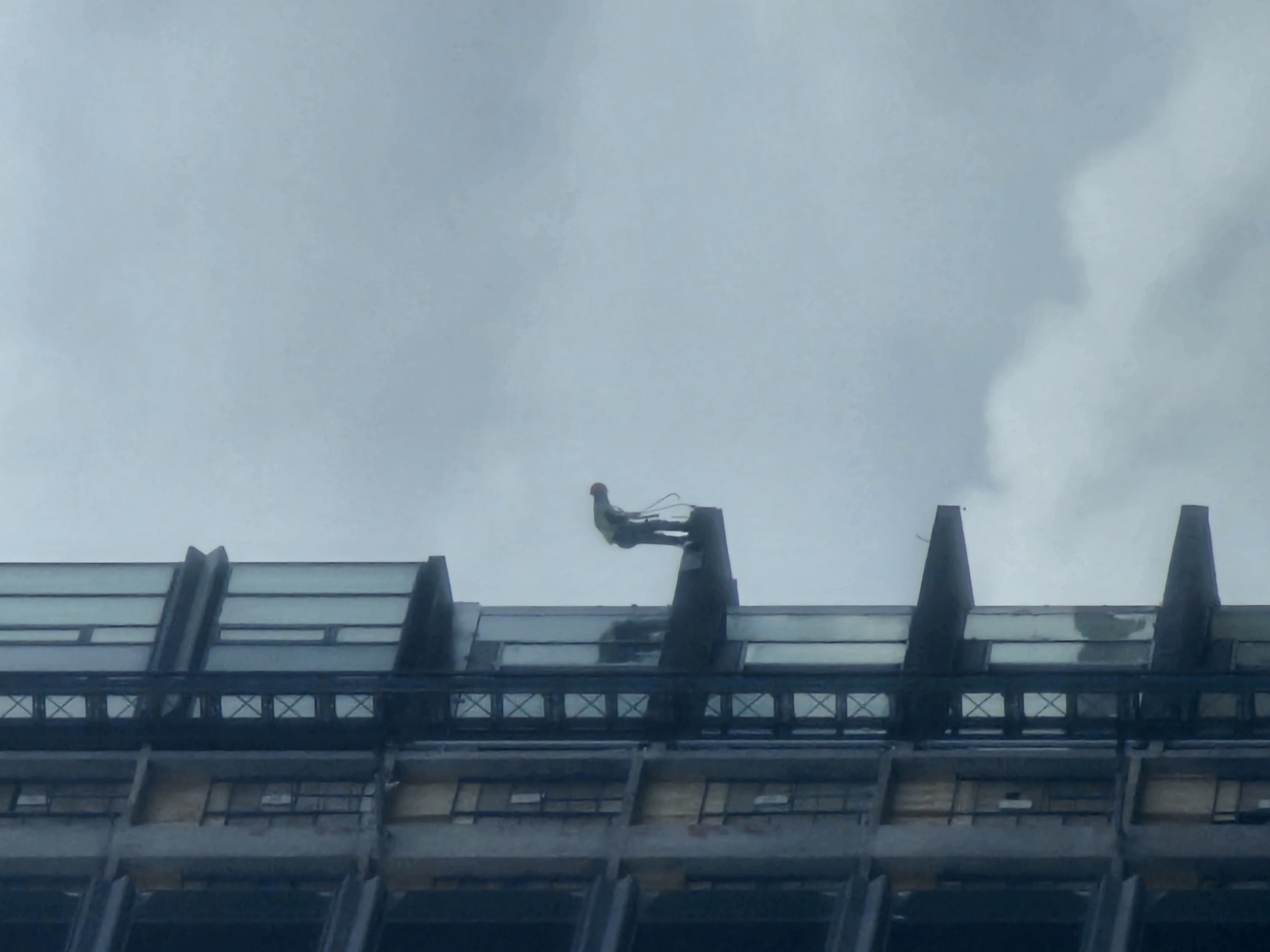 The image depicts a construction worker on the exterior of a tall building, suspended by a safety harness. The worker is wearing a hard hat and is bent over, appearing to be engaged in work on the side of the building. The building itself is a modern high-rise structure, partially completed, with visible concrete framework and glass windows. The background is a cloudy, overcast sky. The scene appears to be an active construction site. The image is cropped such that only a portion of the building and the worker are visible. The specific location in Moscow, Russia, cannot be determined from the visual information alone.