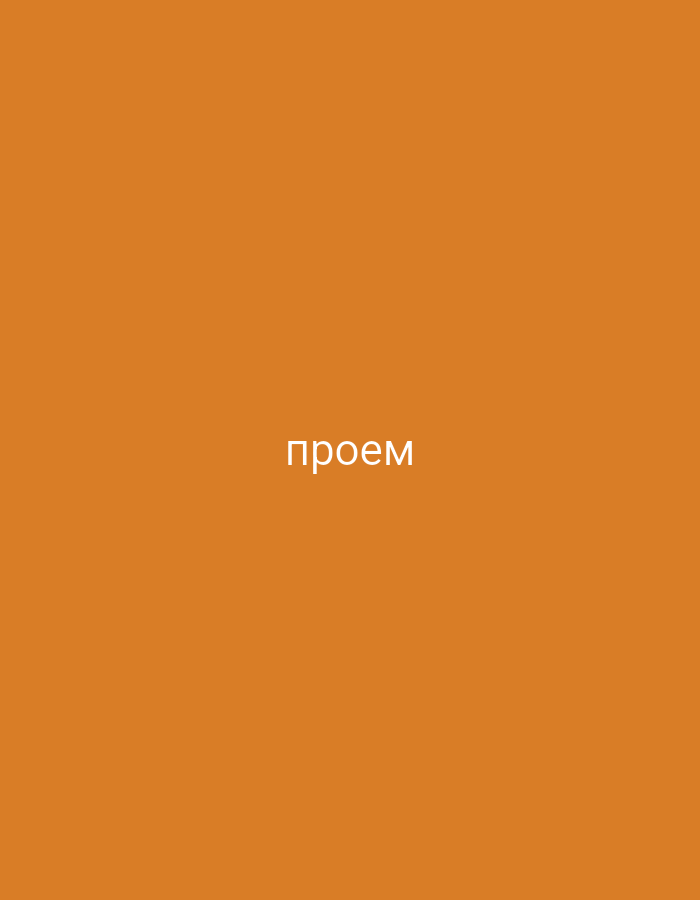 The image displays a solid, vibrant orange background. Centered horizontally and slightly below the vertical midline, the word "проем" is written in white, uppercase letters using a sans-serif font. There are no other visible subjects, objects, people, or discernible scenes or settings beyond the colored background and text. The image does not depict any activity or event, nor does it contain details like time of day, weather, or explicit location cues, other than the Cyrillic text which means "opening," "aperture," or "doorway."