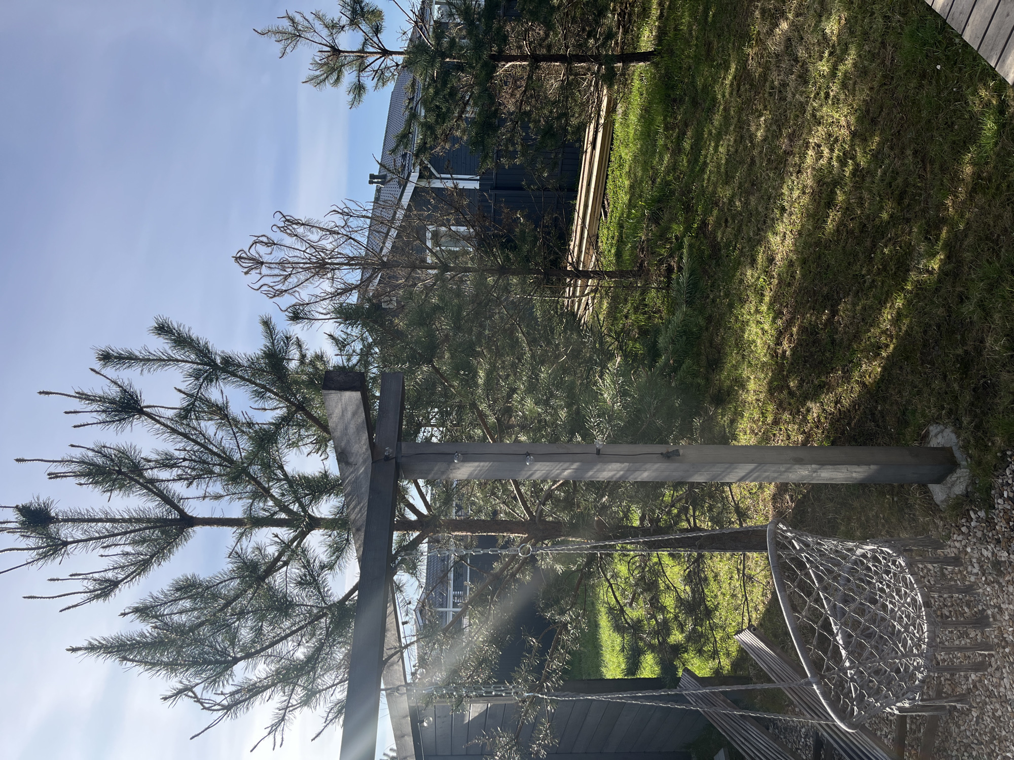 The image depicts a scene in Литвиново, Russia, featuring a backyard with a hammock hanging from a wooden structure. The hammock is made of woven material and appears to be unoccupied. The wooden structure is positioned near several coniferous trees, which partially obscure a dark-colored house in the background. A stack of lumber is visible near the trees. The ground is covered in grass, with patches of light and shadow suggesting sunny conditions. The sky is blue, with some wispy clouds visible above the trees.