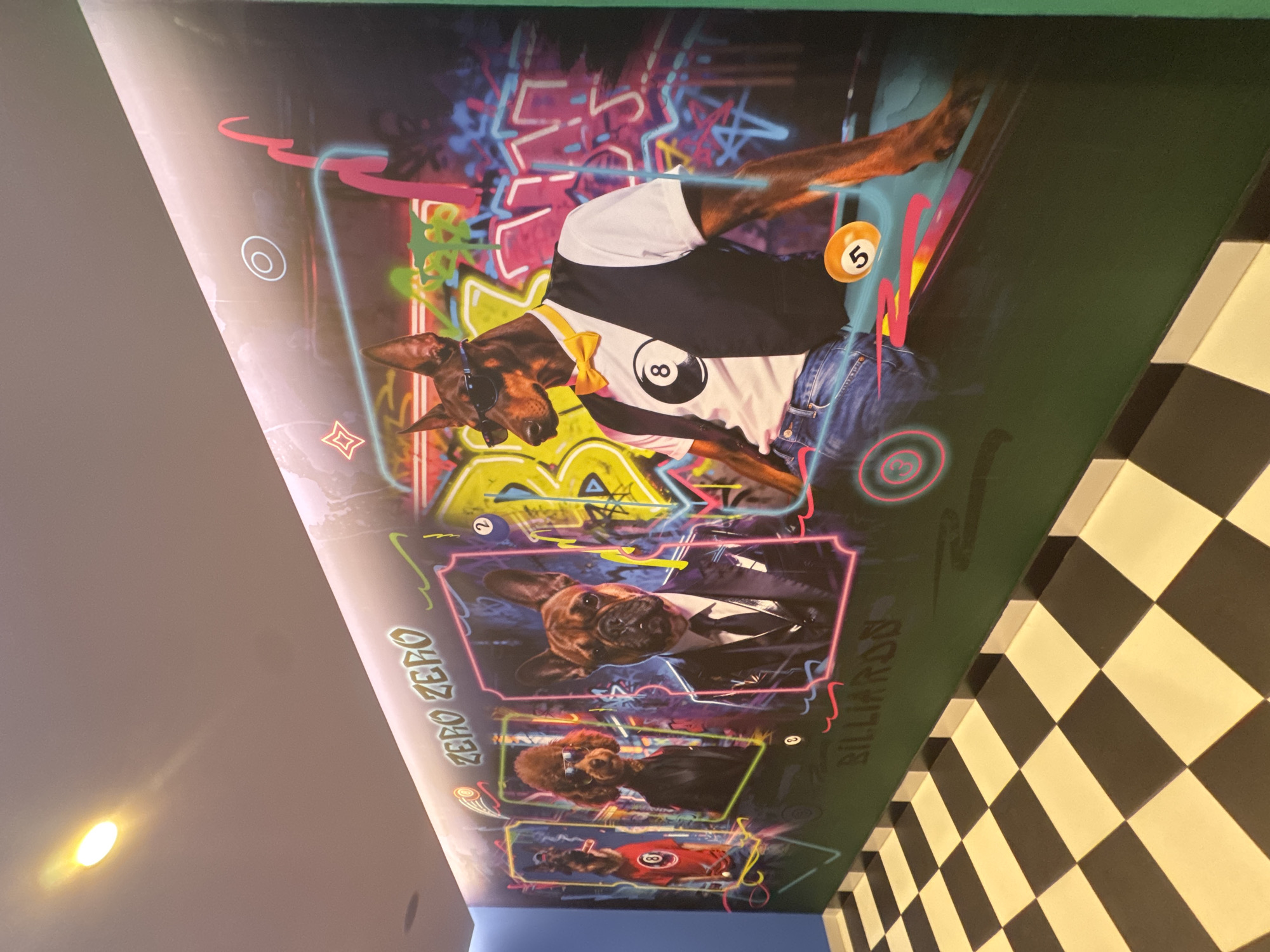 The image shows a ceiling mural featuring dogs in various attire, likely in a commercial establishment. The mural is divided into several sections with different dog illustrations. One dog is dressed in a t-shirt with the number 8, jeans, and a bowtie. Another wears a tuxedo, and another one wears an 8 ball themed shirt. The mural also contains neon-style graphics.
The mural is adjacent to a black and white checkerboard patterned wall. "Zero Zero" and "Billiard" are written on the side of the artwork. Based on information available online, "Zero Zero" is a bar located in Varna, Bulgaria. Therefore, this image may have been taken inside this particular bar in Varna, Bulgaria.
