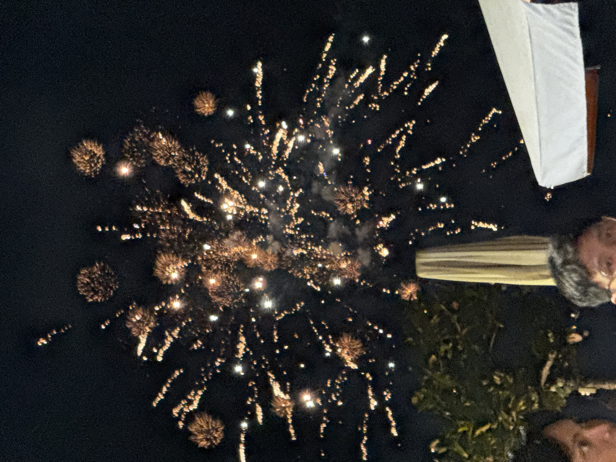 This is a photograph of fireworks illuminating a dark night sky, likely in Kuta, Indonesia. The fireworks are predominantly gold and orange, with some white sparks. They appear as bursts of light and trailing streaks against the black background. In the foreground, the tops of people's heads are visible, suggesting they are observing the fireworks. There is also a glimpse of a white awning or umbrella. Lush green foliage is visible in the lower left corner, and a tall, striped, possibly umbrella-like structure stands in the center. The overall scene captures a festive, outdoor event with fireworks as the main subject.