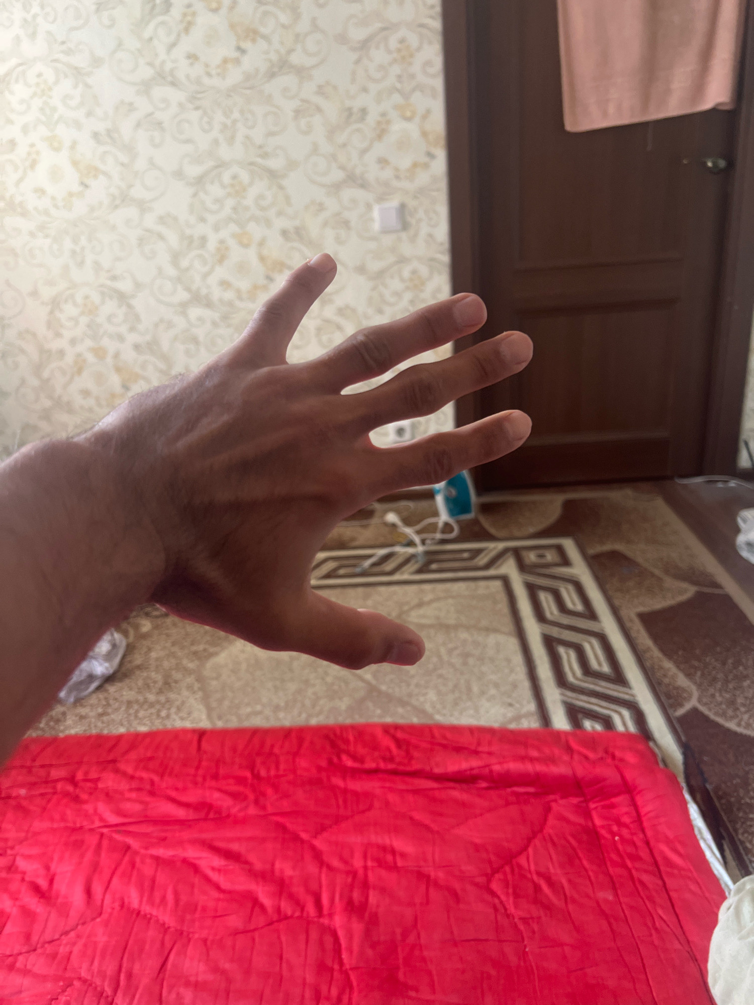 A close-up, over-the-shoulder shot shows a person's left hand reaching towards the camera, palm facing forward, with fingers spread. The hand is in focus and appears to be an adult male's, with visible veins and fine hairs on the forearm. In the background, a patterned wallpaper adorns the wall, a brown wooden door with a towel draped over it is visible, and a rug with a geometric pattern covers the floor. An electric iron and its cord are on the floor near the door. A bright red, quilted surface, possibly a blanket or sleeping bag, occupies the foreground. The scene appears to be indoors, in a residential setting. There is no specific indication of the city of Kazan, Russia.