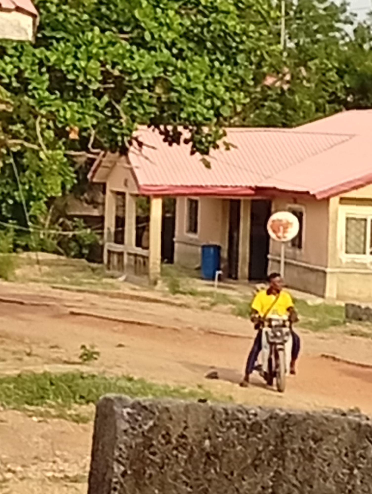 The image depicts a man riding a motorcycle in Adankolo, Nigeria. The setting appears to be a residential area, with low-rise buildings visible in the background. The buildings have pink roofs. The man is wearing a yellow shirt and is the primary subject in motion. A circular sign is on a pole next to the building behind the man. Vegetation is visible in the background and foreground. The ground appears to be unpaved, dirt and grass. A low concrete barrier is in the foreground.