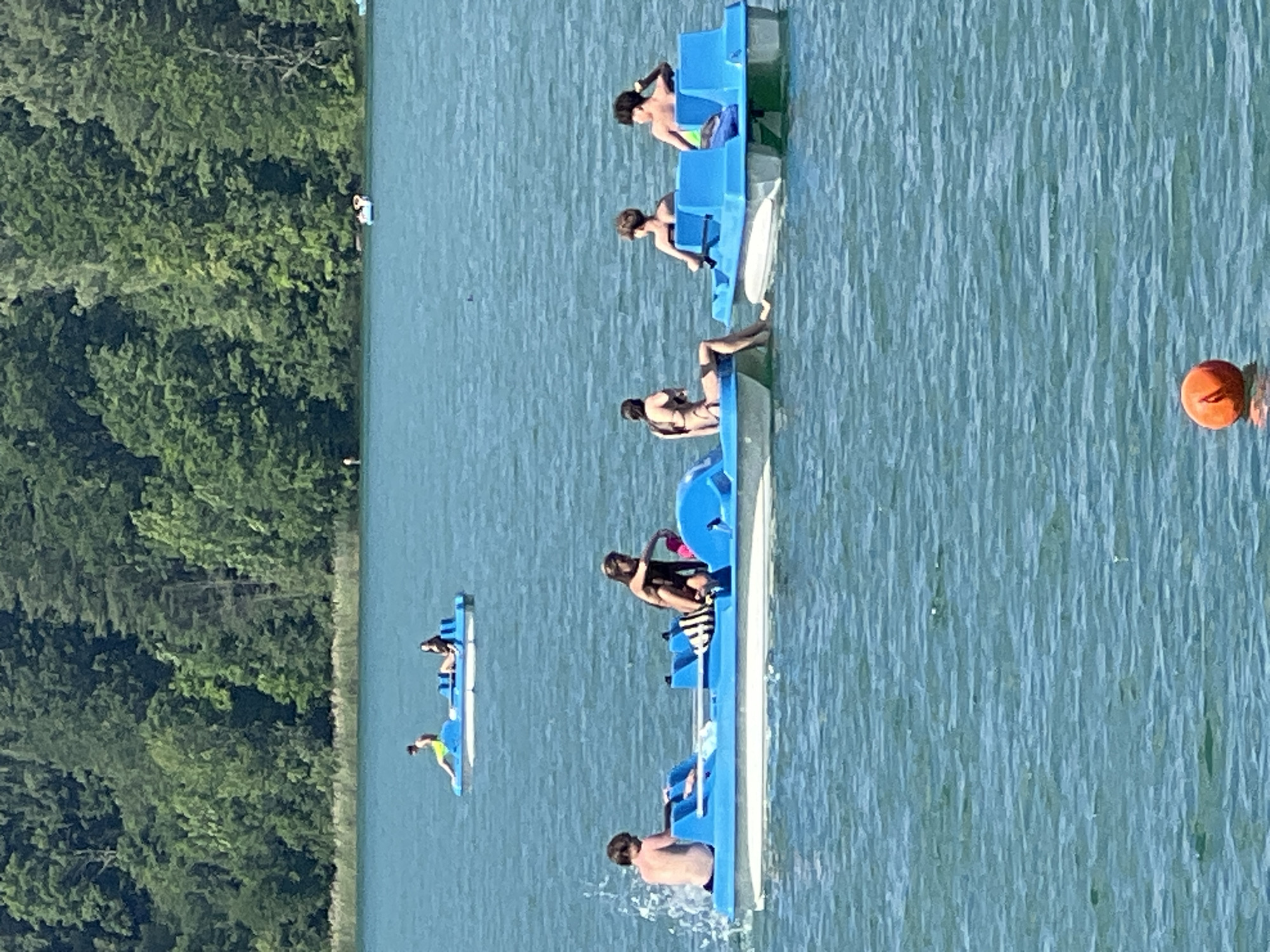 The image captures a sunny day at the Karolis Dineika Park's beach on the Neries River in Vilnius, Lithuania, with several pedal boats visible on the turquoise water. In the foreground, a blue and white pedal boat contains four individuals: a shirtless boy with brown hair facing away from the camera, a girl with long dark hair in a swimsuit, and two boys with dark hair in the back, one steering. To the right, another blue and white pedal boat has two occupants: a woman in a bikini and a person, likely a young man, wearing a dark swim top. Further in the distance, a smaller blue pedal boat is occupied by a man in yellow shorts and a woman in a dark swimsuit. The background features a dense, green forest bordering the river, with a few distant figures and a distant boat visible. An orange buoy floats in the water in the lower right corner of the frame.