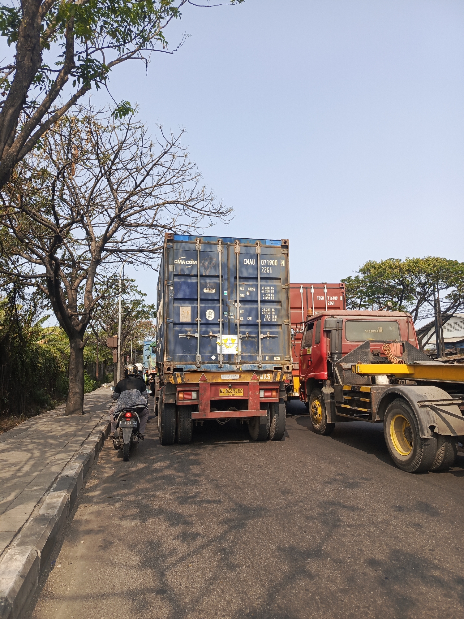 This is a medium-shot, eye-level, outdoor photograph taken on a sunny day on a street in Surabaya, Indonesia. The scene depicts a convoy of trucks carrying shipping containers. In the foreground, a person is riding a motorcycle in the same direction as the trucks. The motorcycle rider is wearing a dark jacket and a helmet. The motorcycle is black with a license plate that reads "2138 XJ". A gray sidewalk runs along the left side of the road, bordered by a curb. Several trees with sparse foliage line the sidewalk. The road itself appears to be asphalt, with some debris and shadows cast from the trees.
The main subjects of the image are two large trucks. The truck on the left is a red semi-truck with a large blue shipping container. The container has markings that include "CMA CGM", "CMAU 071900 4", and "22G1". The truck has a license plate visible that reads "N. 8441 UQ". The truck on the right is a red truck with a yellow trailer frame. It appears to be an articulated truck. Behind the first two trucks, another red truck with a red shipping container is partially visible. The sky above is clear and pale blue. The overall environment suggests an urban or industrial area within Surabaya.