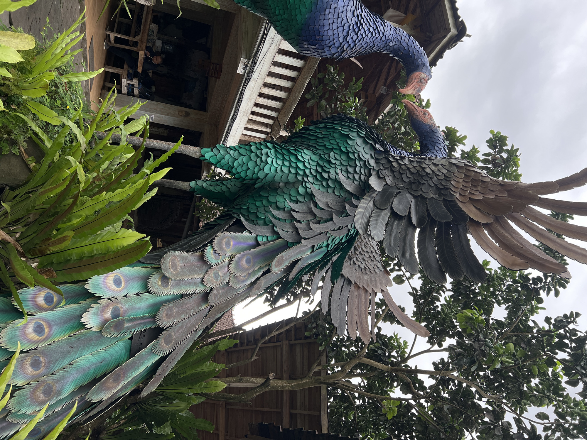 The image showcases two decorative, metal peacocks nestled among lush vegetation in what appears to be a garden or courtyard. The peacocks are meticulously crafted with individual metal scales and feathers, painted in vibrant shades of green, blue, and brown to mimic the iridescent colors of real peacock plumage. The setting includes tropical ferns and leafy trees. The style of the architecture and the foliage suggest the scene is located in the Ubud District of Indonesia. A multi-story building constructed out of dark, aged wood is visible in the background with people visible inside.