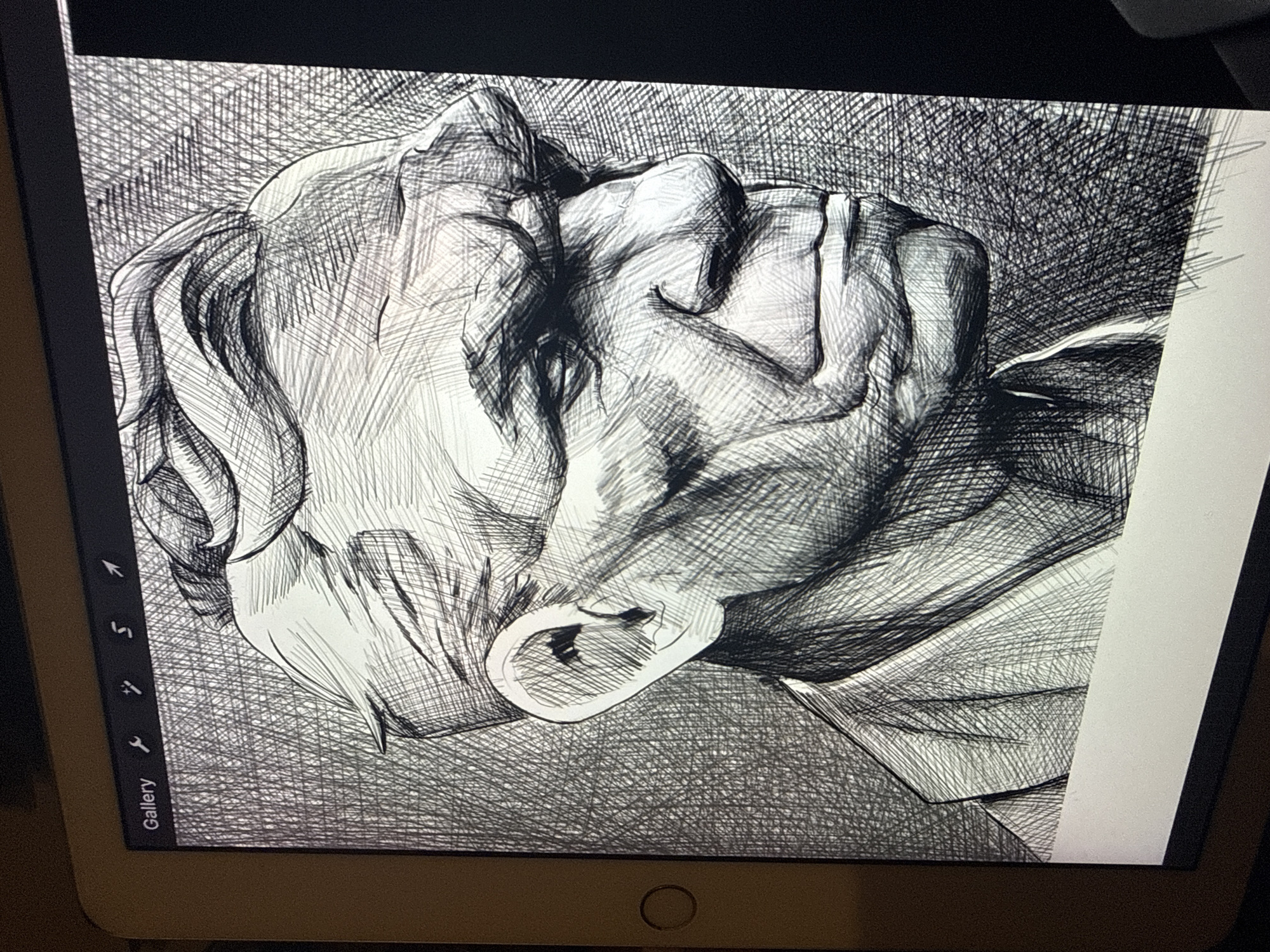 The image is a black and white digital drawing of a person's head and upper body. The person is lying down, seen from a low angle, with their head tilted back. The drawing is created with dense cross-hatching to create shading and texture. The person's features, including the ear, nose, and mouth, are visible, but the detail is obscured by the heavy shading. The background is also filled with cross-hatching, creating a sense of depth. The drawing is displayed on a tablet screen, with the tablet's interface visible on the left side. There is a white bar obscuring the right side of the drawing. No information about the location in Sofia, Bulgaria is present in the image.