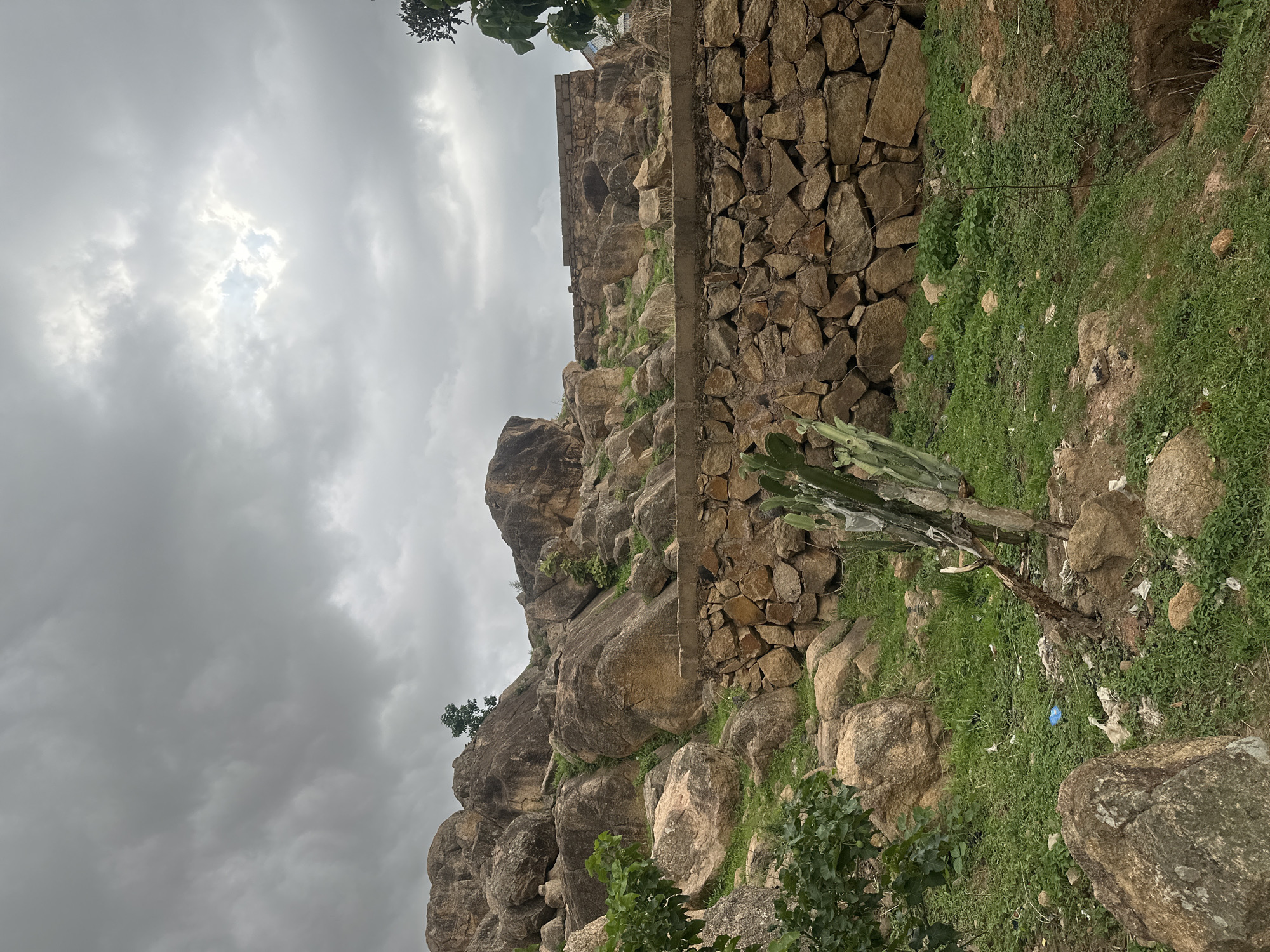The image captures a rugged, rocky landscape under an overcast sky, likely in Jos, Nigeria. Dominating the scene are numerous large, weathered boulders and rock formations, suggesting a hillside or a natural rock outcrop. A substantial stone wall, constructed from irregularly shaped rocks, runs horizontally across the mid-ground, appearing to be a retaining wall or part of an older structure built into the natural topography.
Green grass and sparse vegetation, including small bushes and a tall, cactus-like plant in the foreground, grow between the rocks and on the ground. The ground cover appears somewhat dry and mixed with patches of soil. Scattered pieces of litter, including plastic bags and a distinct blue object, are visible on the grassy areas, indicating human presence and potential environmental neglect.
The sky is heavily clouded with varying shades of gray, though brighter patches suggest that sunlight is attempting to break through. There are no people visible, and no specific activity is taking place; the scene is static. The diffused lighting suggests it is daytime, but the heavy cloud cover prevents clear shadows or bright sunlight. The overall impression is that of a natural, somewhat wild area, partially impacted by human development and waste, typical of a rocky region. No visible text is present.