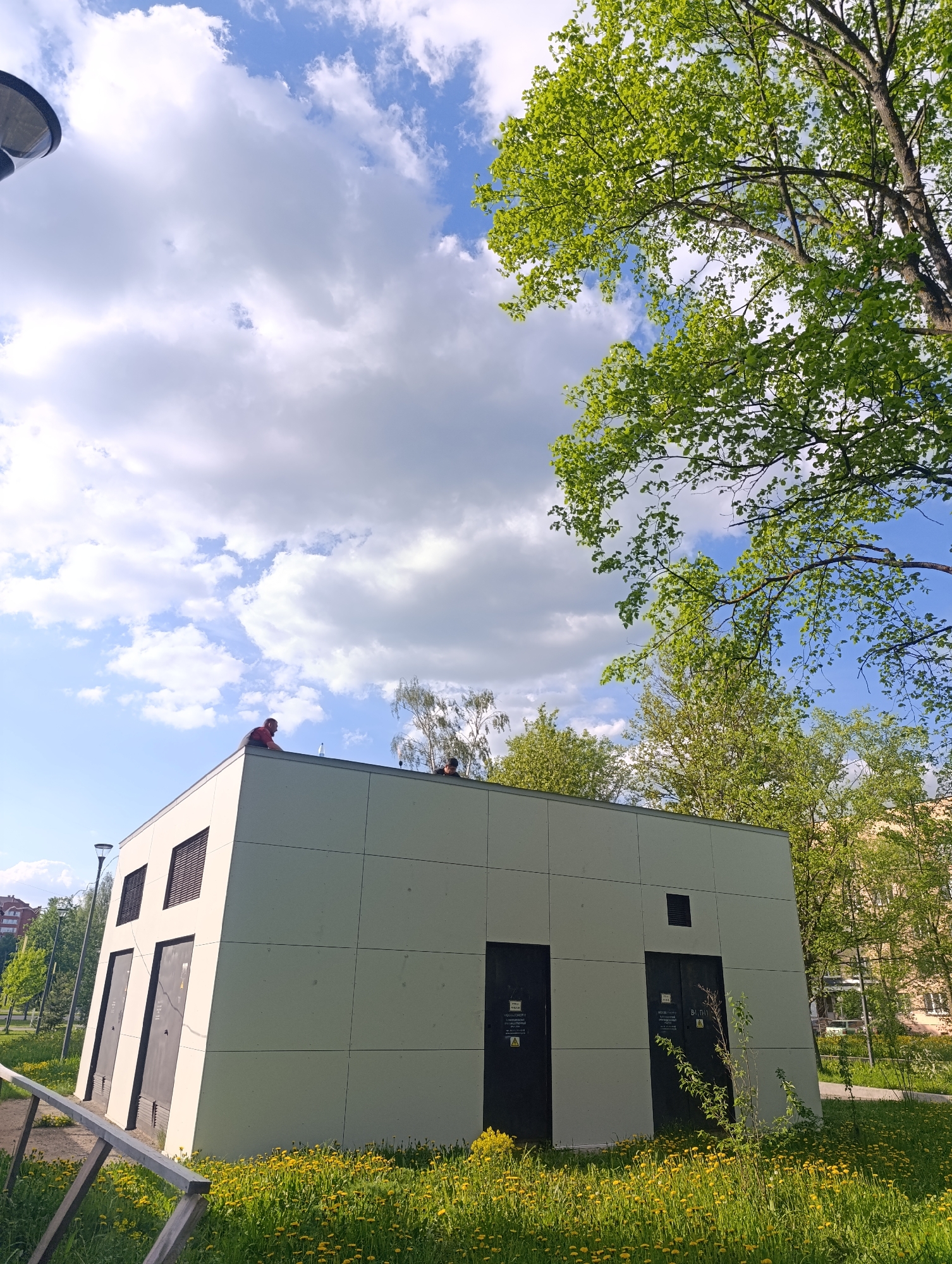 The image shows a single-story, white, rectangular building with black doors and ventilation grilles, located in a park or green space in the city of Unknown, Unknown. Two individuals are standing on the roof of the building. The surrounding area features dandelions in the grass, trees with green leaves, and a partly cloudy sky. A lamppost is visible on the left side of the frame.