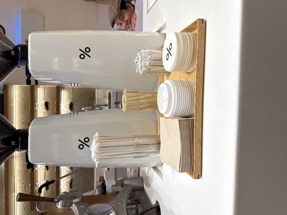 The image displays a detailed view of a service counter within a % Arabica coffee shop, consistent with locations found in Dubai, United Arab Emirates. In the foreground, a pristine white countertop holds a light wooden tray. This tray contains a neatly stacked pile of brown paper napkins, a stack of white plastic cup lids, and a stack of round white coasters, each prominently branded with the black percentage symbol logo. Behind the tray, three clear cylindrical holders are arranged: one filled with white paper straws, another with wooden coffee stirrers, and a third containing individually wrapped white sugar packets, some of which also feature the percentage symbol.
Two large, white, conical coffee grinders, each topped with a black bean hopper and displaying the distinctive black percentage symbol, dominate the midground. To the far left, a portion of a silver-toned espresso machine's lever is visible. The background reveals a textured, horizontally paneled wall, possibly wood, illuminated by warm, recessed lighting. This wall features several small, clear glass vessels, each holding coffee beans, arranged on shelving. On the far right, partially obscured by the rightmost coffee grinder, is the head and shoulders of a person, likely a staff member. They are wearing a brown flat cap and are smiling, with their head resting on a lower counter surface.