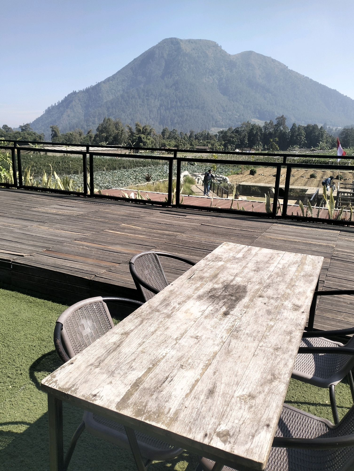 The image depicts an outdoor seating area at a cafe or restaurant in Madyogondo, Indonesia, with a scenic view of Mount Muria. In the foreground, a weathered wooden table is set with dark woven chairs on a green artificial turf surface. The table is partially covered by the shadow of an unseen object.
Beyond the seating area, a wooden deck with dark planks leads to a railing with glass panels. Through the railing, a cultivated field of vegetables or plants is visible, with rows and irrigation channels. Several people are present in the field, some walking and tending to the crops. A small pond or water feature is also present within the field. A red and white Indonesian flag is partially visible on a pole in the background.
The main subject of the background is Mount Muria, a large, green, forested mountain that dominates the skyline. The sky is clear and blue. The overall impression is a serene outdoor dining environment with a stunning natural backdrop.