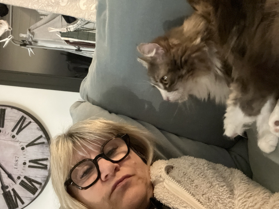 A woman wearing glasses lies on a blue pillow with a fuzzy white jacket. A large clock with Roman numerals is visible in the background. A brown and white fluffy cat is perched on the pillow above the woman, gazing down. A shelf with various items is seen above the clock, including what appear to be clothes and hangers.