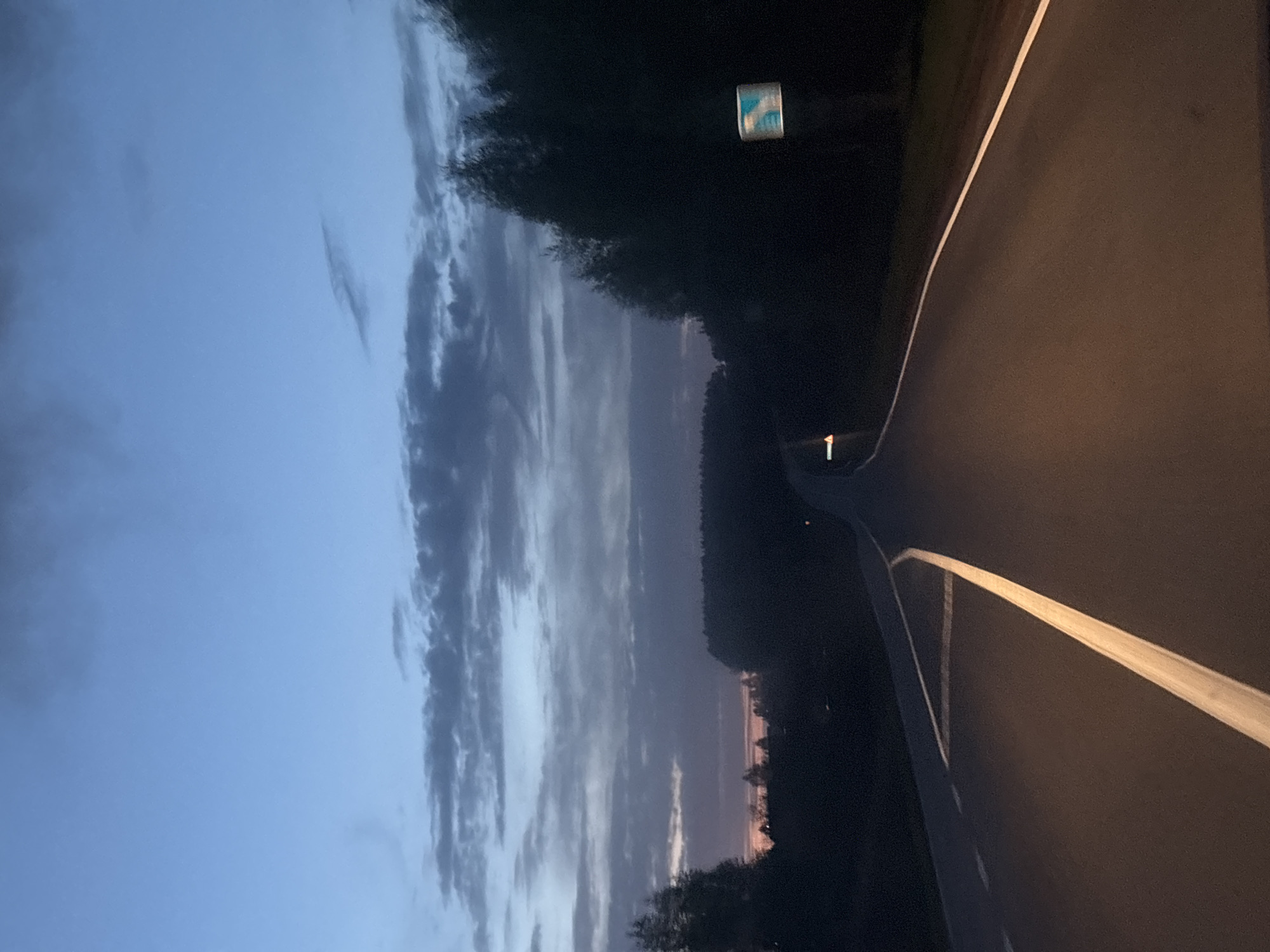The image depicts a road winding through a forested area near Новая Казмаска, Russia. The sky is a gradient of blue and gray, indicating twilight or early evening. A road sign is visible amidst the trees. The road itself has white lines marking the edges. A light source illuminates the road ahead. There are no people visible.