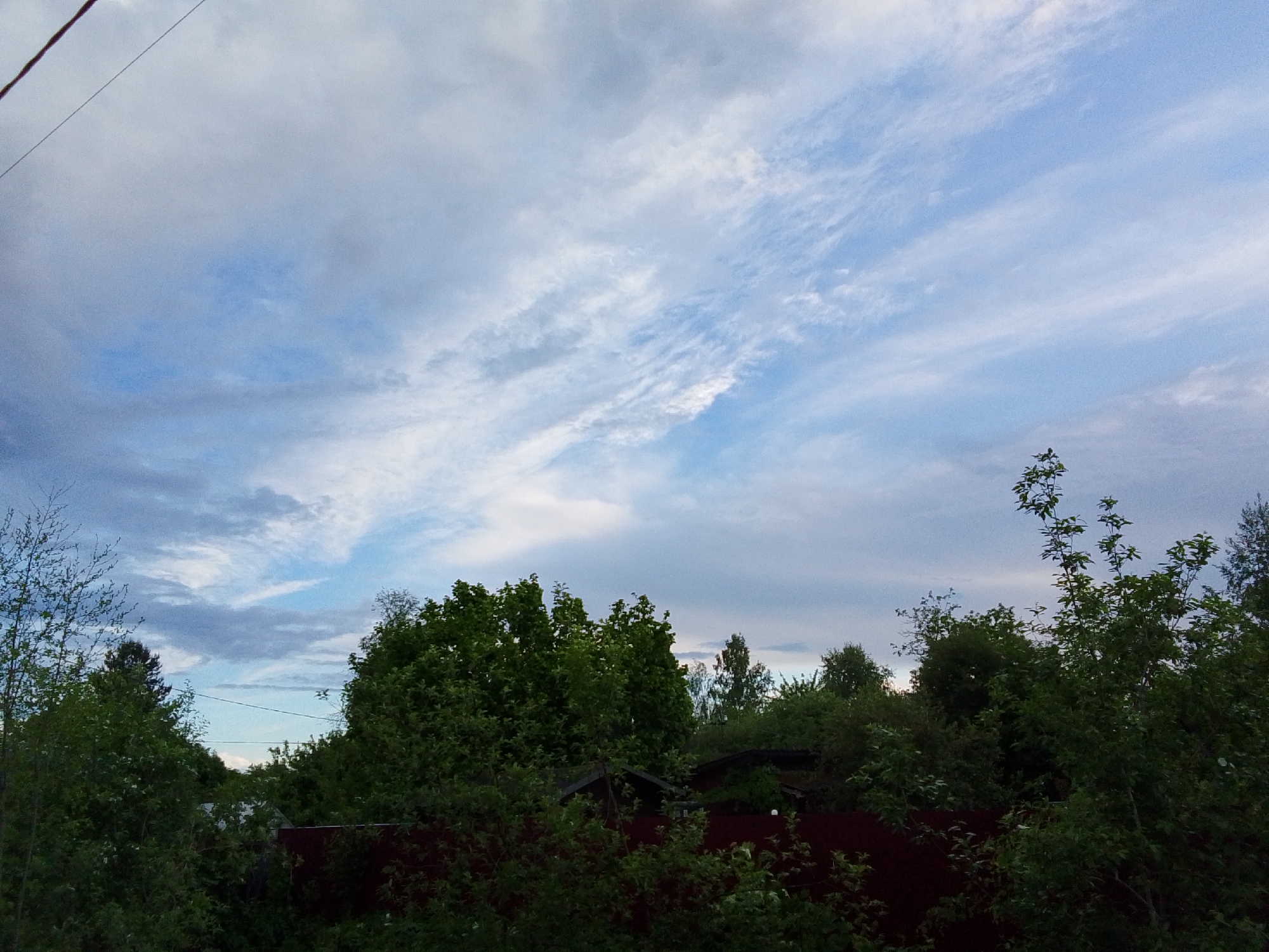 The image depicts a view of the sky with various cloud formations above a landscape of trees and vegetation. A utility wire is visible in the upper left corner. The sky is a mix of blue and gray hues, indicating varying weather conditions. Below the sky, a dense arrangement of trees and bushes dominates the lower portion of the image. A dark, possibly red, fence or building structure is partially visible amidst the foliage. The location is inferred to be in Снопок Новый, Russia, based on the prompt.