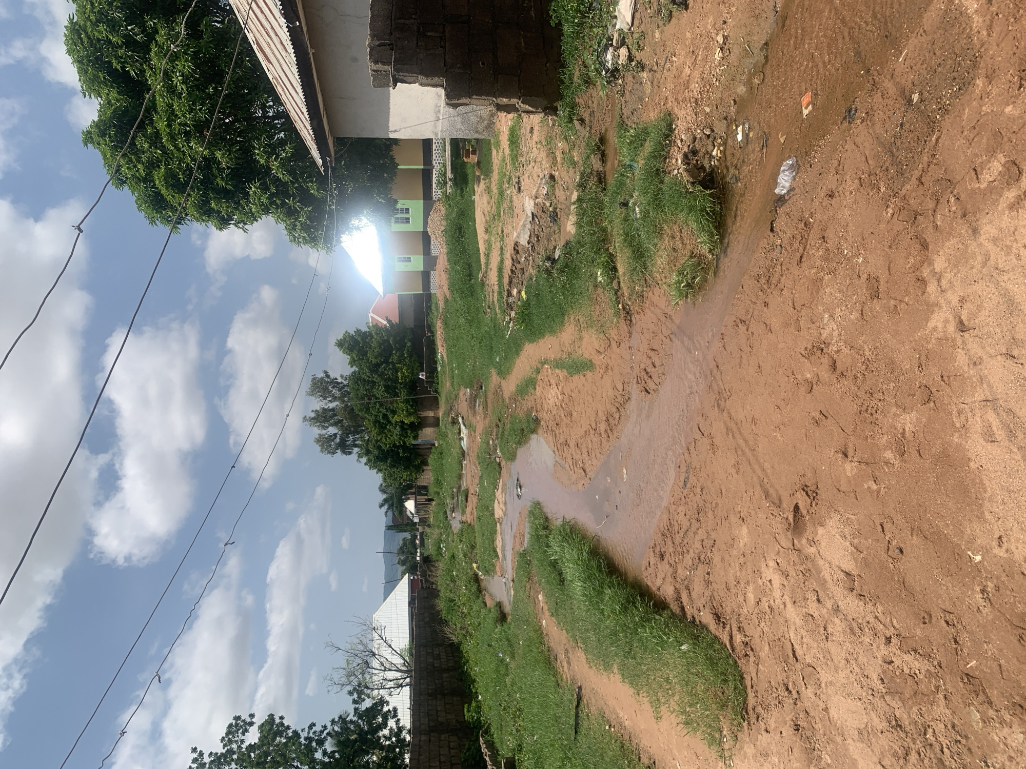 This is a medium-shot, eye-level photograph taken outdoors on a dirt road in Jalingo, Nigeria. The scene depicts a rural or semi-rural residential area with a dirt road running through the center of the frame. The road is uneven and appears to be a pathway for water drainage, with a small stream of murky water flowing down the middle. Tall green grass borders the road on both sides, and patches of bare, reddish-brown dirt are visible. In the background, several modest houses with corrugated metal roofs are scattered amongst trees. Power lines crisscross the sky, which is partly cloudy with white cumulus clouds against a pale blue backdrop. The overall impression is of a simple, unpaved community that may experience seasonal water accumulation on its roads. There are no people visible in the immediate foreground or middle ground of the image. The general condition of the road and the presence of trash suggest a lack of regular municipal maintenance.