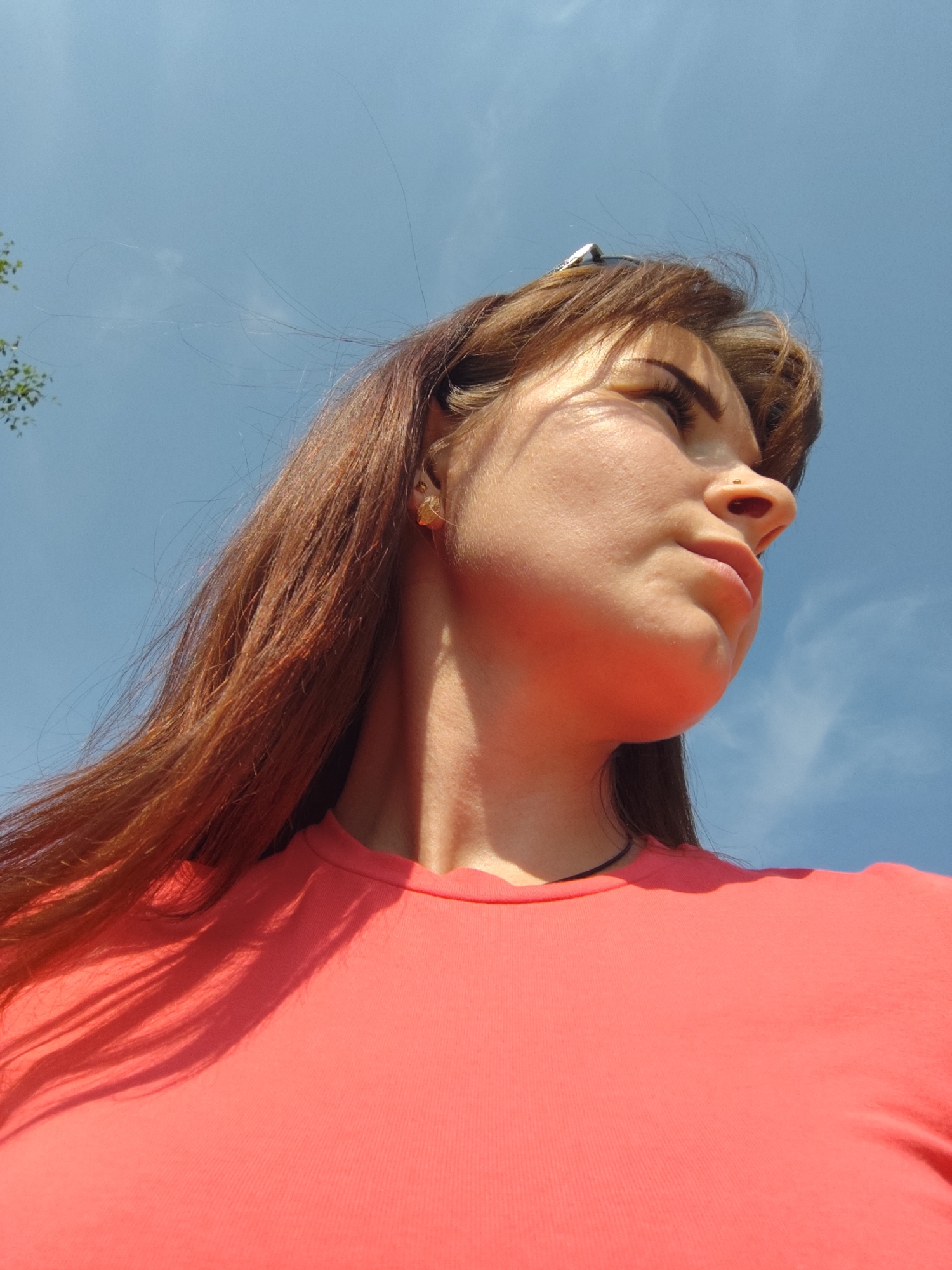 A low-angle, medium shot captures a young woman from the chest up, looking to the right. She has long, reddish-brown hair that is blowing in the wind and is wearing a coral-colored t-shirt. A small, gold earring is visible in her left ear. The background is a clear blue sky with a few wispy clouds and a hint of green foliage on the left edge, suggesting an outdoor setting possibly within the city of Fokino, Russia. The lighting indicates it is daytime.