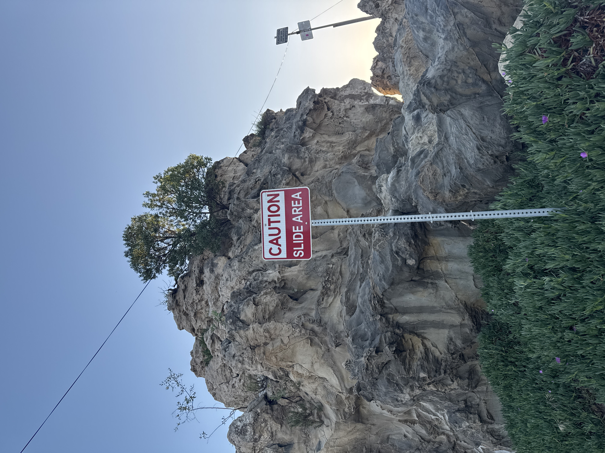 The photograph captures a rocky cliffside in Newport Beach, California. A sign reading "CAUTION SLIDE AREA" is prominently displayed. The cliff face exhibits varying shades of gray and beige, with textures indicating erosion and geological stratification. A tree grows atop the cliff. Adjacent to the cliff, vegetation covers the foreground. A cable stretches diagonally across the sky in the background, connecting to another sign affixed to the rock face. The sky is clear and blue.