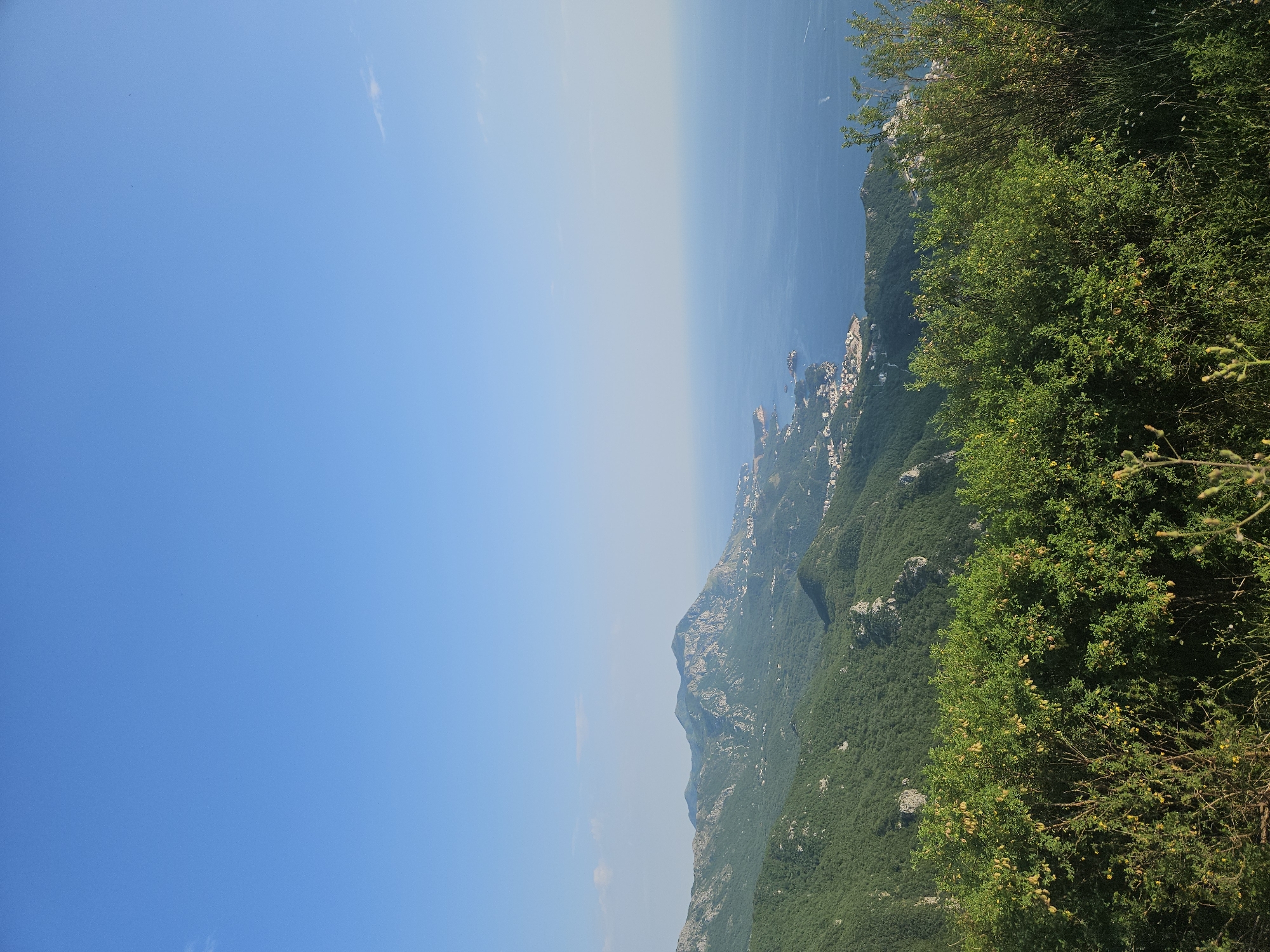 The image depicts a landscape with the Adriatic Sea visible in the background. The sky is a clear blue. In the foreground, there is green vegetation, and further down the slope, a city is visible by the sea. The location appears to be coastal, with mountains and a town situated on the slopes. The perspective is from a high vantage point looking downwards towards the town and the sea.