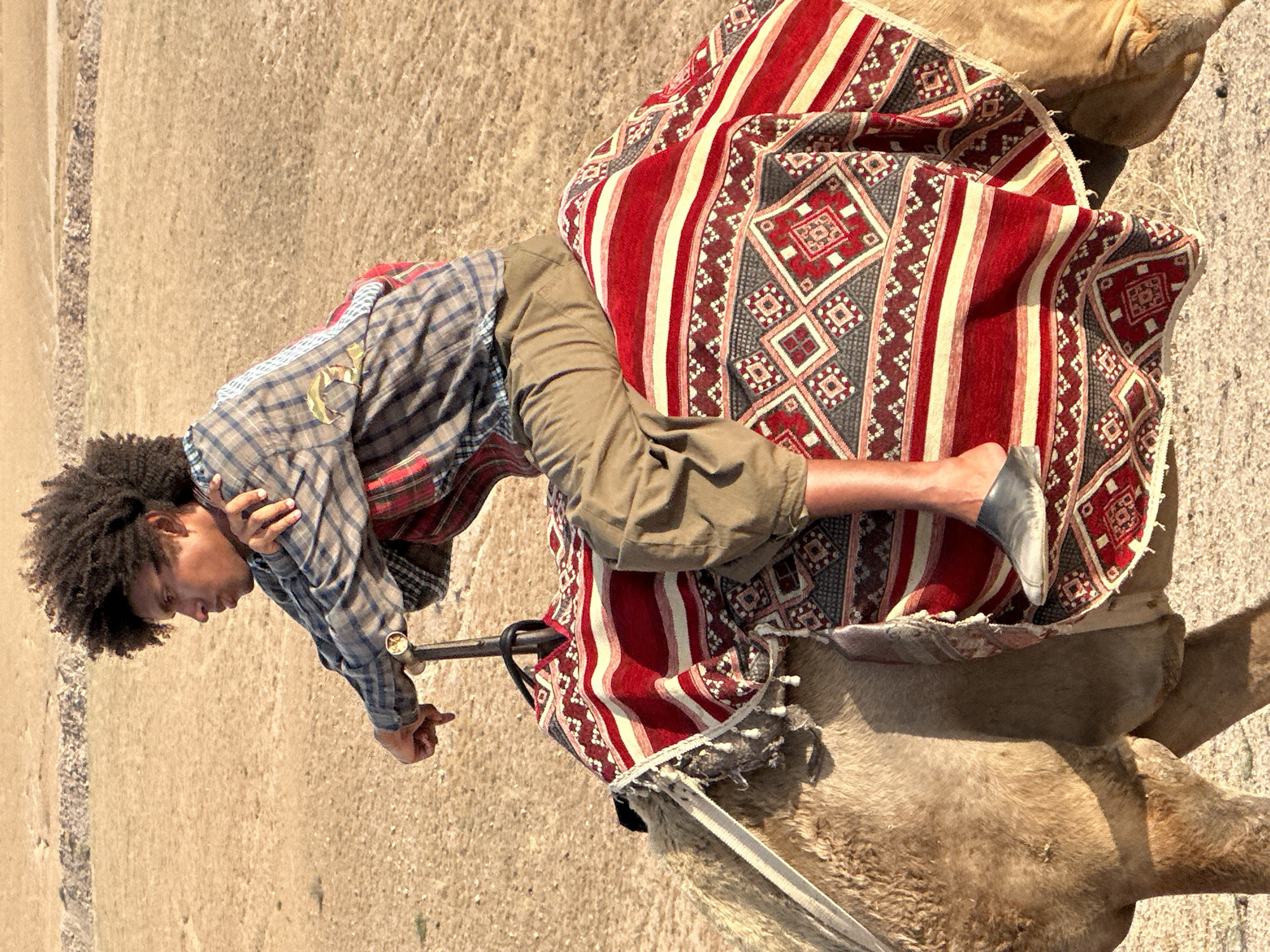 An individual with dark curly hair is seated on a camel, facing left, in the city of Sidi Badhaj, Morocco. The individual is wearing a plaid, long-sleeved shirt, tan trousers, and a gray shoe on their left foot, while the right foot is bare. The camel is covered by a vibrant red and beige patterned blanket. The ground is a sun-baked tan. A metal railing extends from the camel's saddle. The individual is holding onto the railing with both hands.