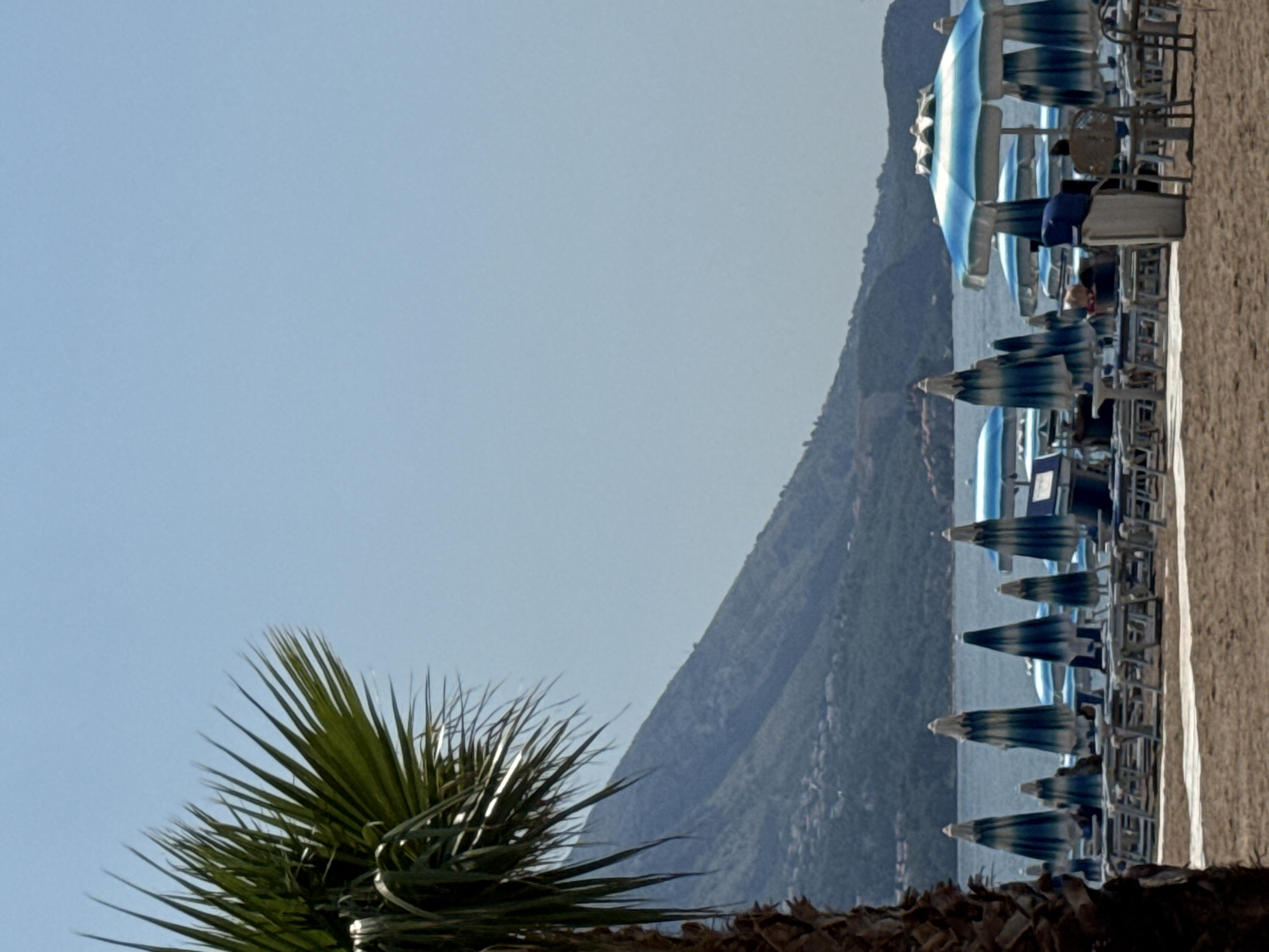 The image depicts a beach scene with rows of blue and white striped umbrellas and chairs lined up on the sand. The umbrellas are predominantly open, offering shade. In the background, a calm body of water, likely the sea, is visible, with a mountainous landscape rising behind it. The sky is a clear, light blue, suggesting a sunny day. In the foreground, the fronds of a palm tree are visible, adding a tropical element to the scene. Some people are subtly visible sitting on the chairs and under the umbrellas, suggesting a relaxed atmosphere. The image appears to have been taken during daylight, possibly late morning or afternoon, given the brightness and clear sky. The overall mood is one of a peaceful and inviting beach resort. The image is oriented vertically, with the beach and sea running along the right side of the frame and the sky occupying the left. There is no visible text in the image.