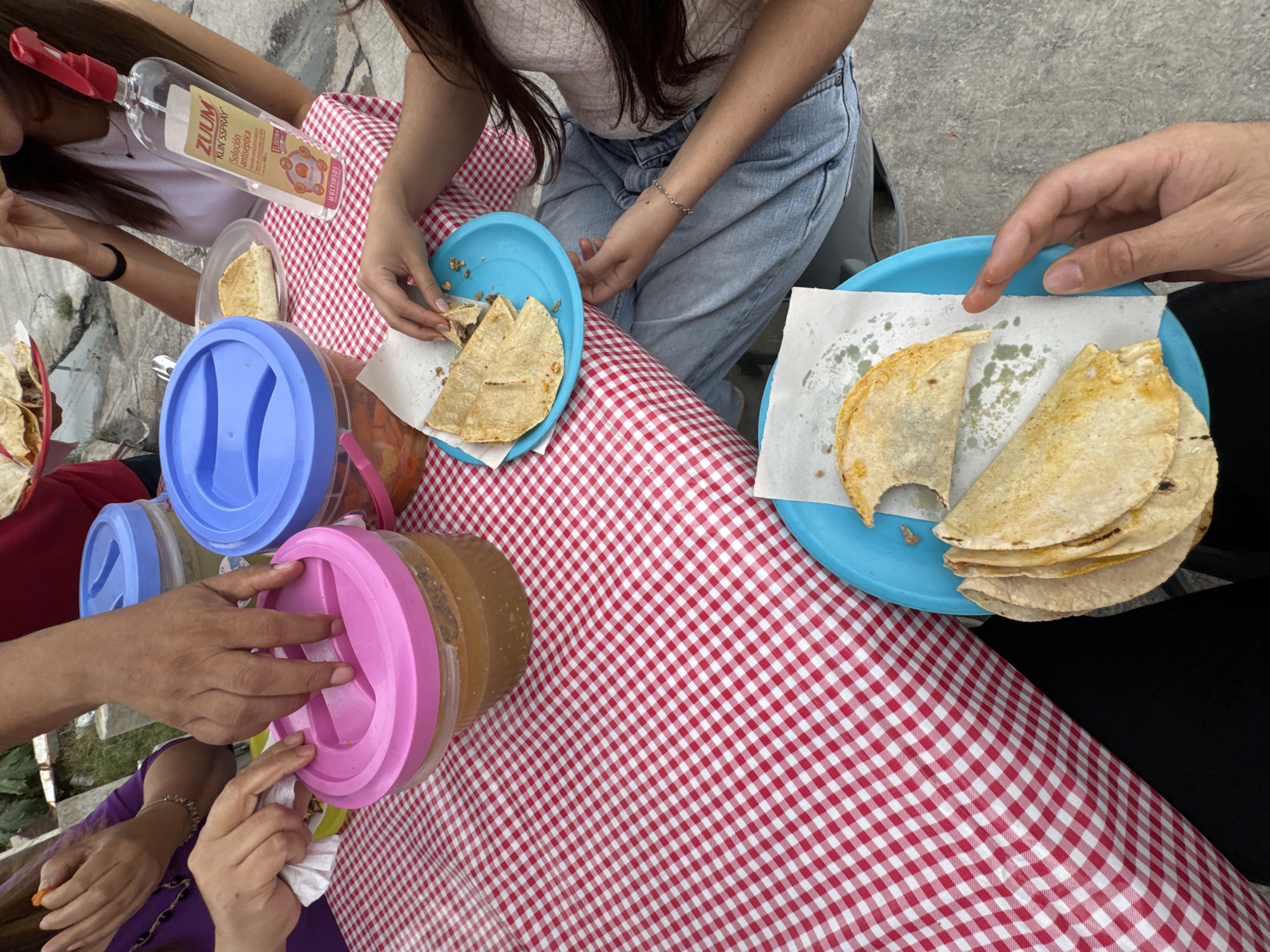 The image captures an informal meal setting in Chilpancingo, Mexico, involving multiple individuals gathered around a table. The table is covered with a red and white checkered tablecloth.
In the upper left portion of the frame, a person wearing a purple long-sleeved garment with a bracelet on their left wrist is visible, holding a white paper napkin and reaching towards a large, transparent plastic container with a pink hinged lid. Simultaneously, a larger, darker-skinned hand, extending from a red-sleeved arm, is also positioned over the pink container, which holds a brown liquid. Adjacent to this, a blue-lidded transparent container holds orange-red pickled food items. Further right, a second similar blue-lidded container is partially visible. A red basket in the upper left corner contains multiple golden-brown, folded food items.
On the right side of the table, a person with dark hair, wearing a light-colored top and light blue denim jeans, is seated, holding a blue plastic plate containing several half-eaten, folded tortilla-based food items. This individual is actively consuming a piece of food. A silver chain bracelet adorns their left wrist. Standing upright on the tablecloth next to this person is a clear spray bottle labeled "ZUUM KLIN'SPRAY Solución antiséptica" with a red spray nozzle.
In the bottom right foreground, a hand holds another blue plastic plate with multiple folded, half-eaten food items, some resting on white paper. These items display a light orange hue, indicative of seasoning or filling. The ground visible beneath the table is a light gray, textured concrete surface.