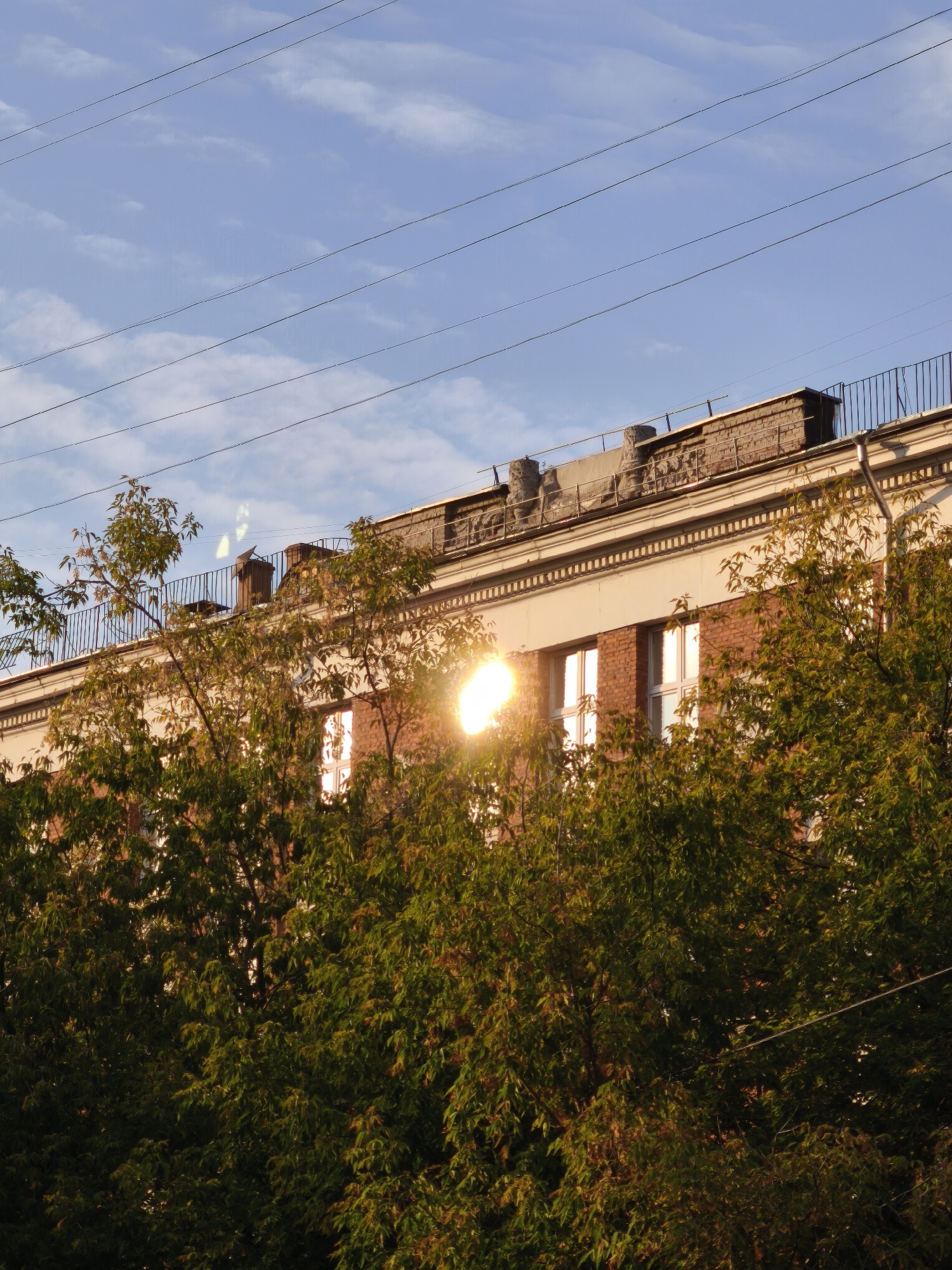 The image shows a sunlit building with trees in the foreground. The building appears to be made of brick and has several windows. The sun is shining brightly, casting a lens flare into the scene. The trees are leafy and green, and they obscure much of the building. There are power lines running across the top of the image. The location is not specified in the image.
