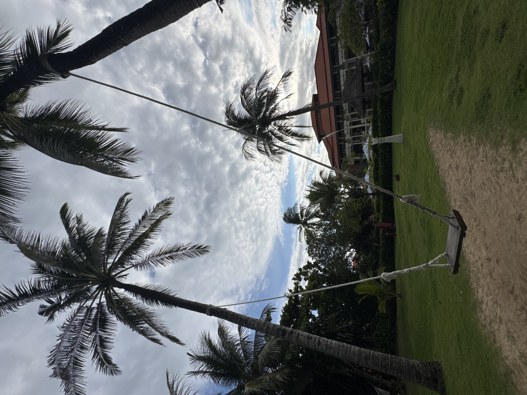 The image depicts a scene in Kuta Selatan, Indonesia. It features a landscape view from a low angle, looking up at palm trees against a partly cloudy sky. A swing hangs in the foreground, suspended between two palm trees. The background reveals a grassy area and part of a building with a red roof. There are no people visible in the image. The scene appears to be a recreational area, possibly part of a resort or park.