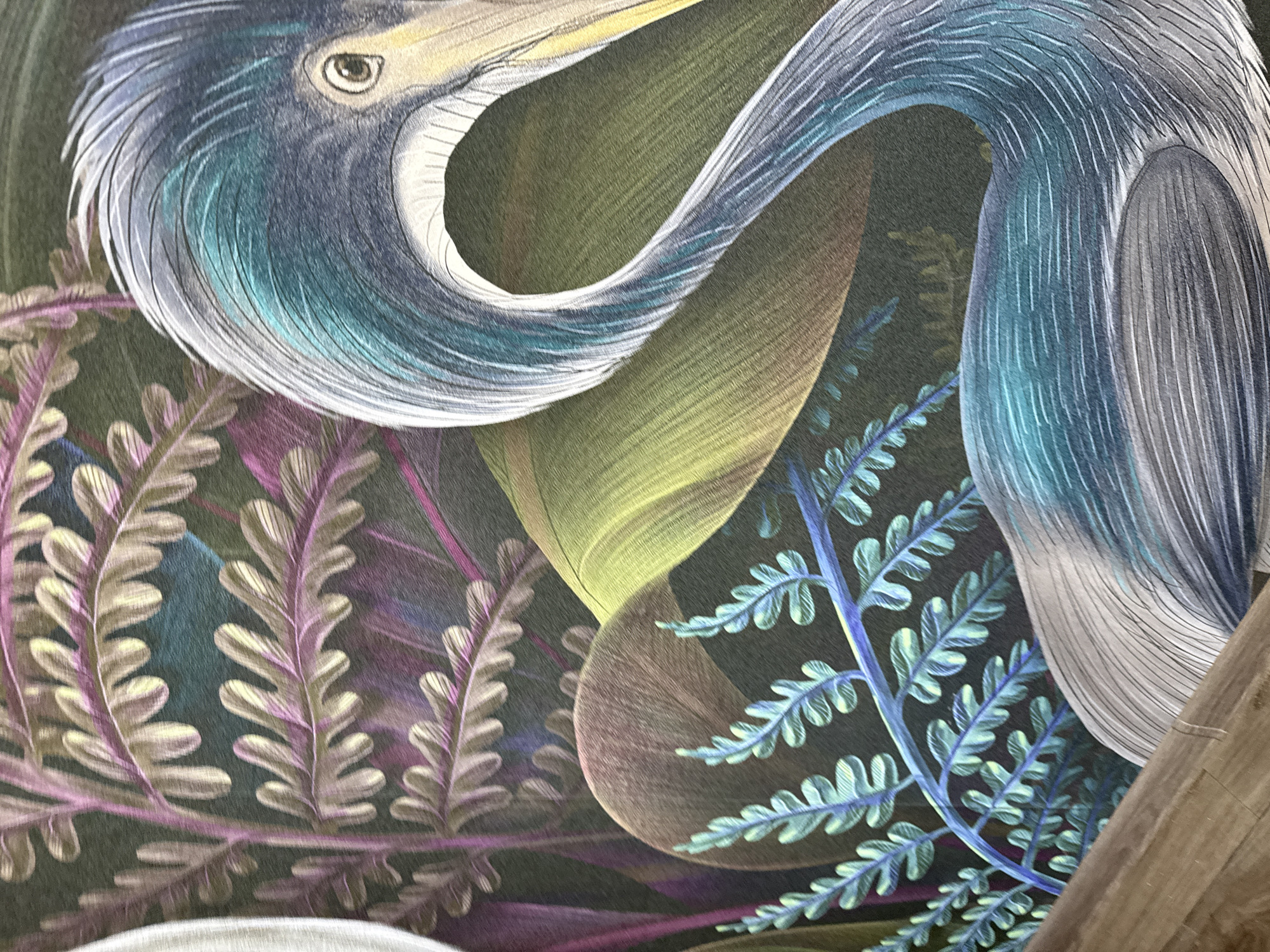 The image is a close-up, detailed illustration or painting of a heron or similar water bird, rendered in a stylized, artistic manner. The bird's head and neck are prominently featured, with intricate detailing of its feathers in shades of blue, grey, and teal. Its eye is a small, dark circle with a lighter iris. The background consists of lush, exotic foliage, including ferns with delicate fronds in shades of purple, green, and blue. A brown, textured element, possibly a branch or a wooden surface, runs along the bottom edge of the image. The overall impression is one of a vibrant, natural scene captured with artistic detail. The specific location in the city of Шолохово, Russia, is not discernible from the image itself.