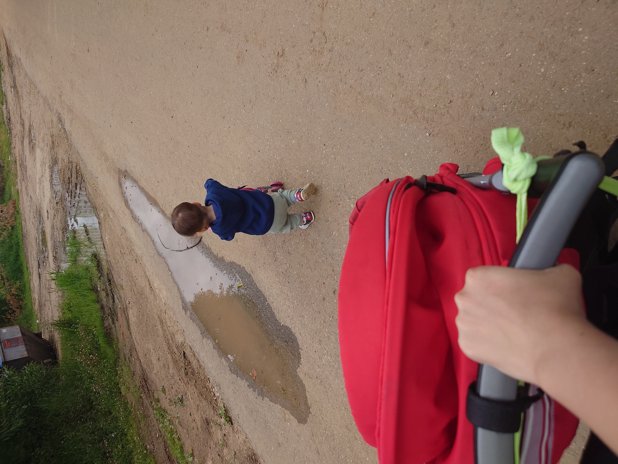 The image shows a first-person perspective of someone pushing a red stroller along a dirt path. In front of the stroller, a toddler wearing a blue hoodie and light-colored pants is walking away from the camera, holding a stick. The path has several puddles of water. To the left of the path, there is tall grass and a large gray dumpster. The environment appears to be an outdoor, possibly semi-rural, area. The overall scene is that of a parent or guardian pushing a stroller with a child walking ahead on a path. The specific location is in the city of Kommunarka, Russia.