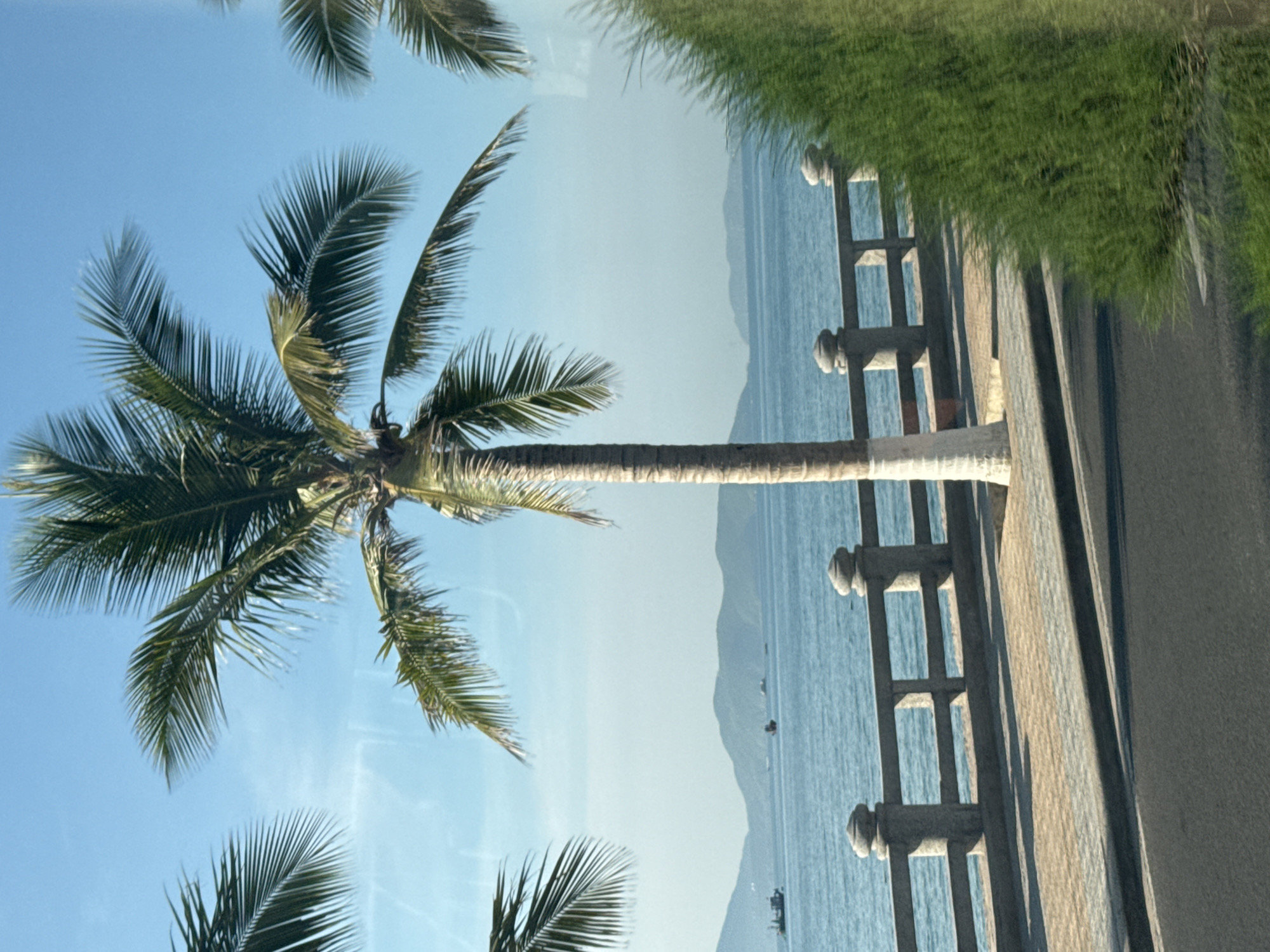 The image depicts a sunny day in Nha Trang, Vietnam, likely along the coastline. The foreground features a paved walkway with a decorative stone railing, separating it from a body of water. Beyond the railing, the calm blue sea stretches towards a distant horizon lined with hazy, mountainous islands. Several boats are visible on the water. A prominent palm tree stands tall on the right side of the walkway, its fronds reaching towards the clear blue sky. The overall impression is of a tropical coastal scene, possibly a scenic road or promenade.