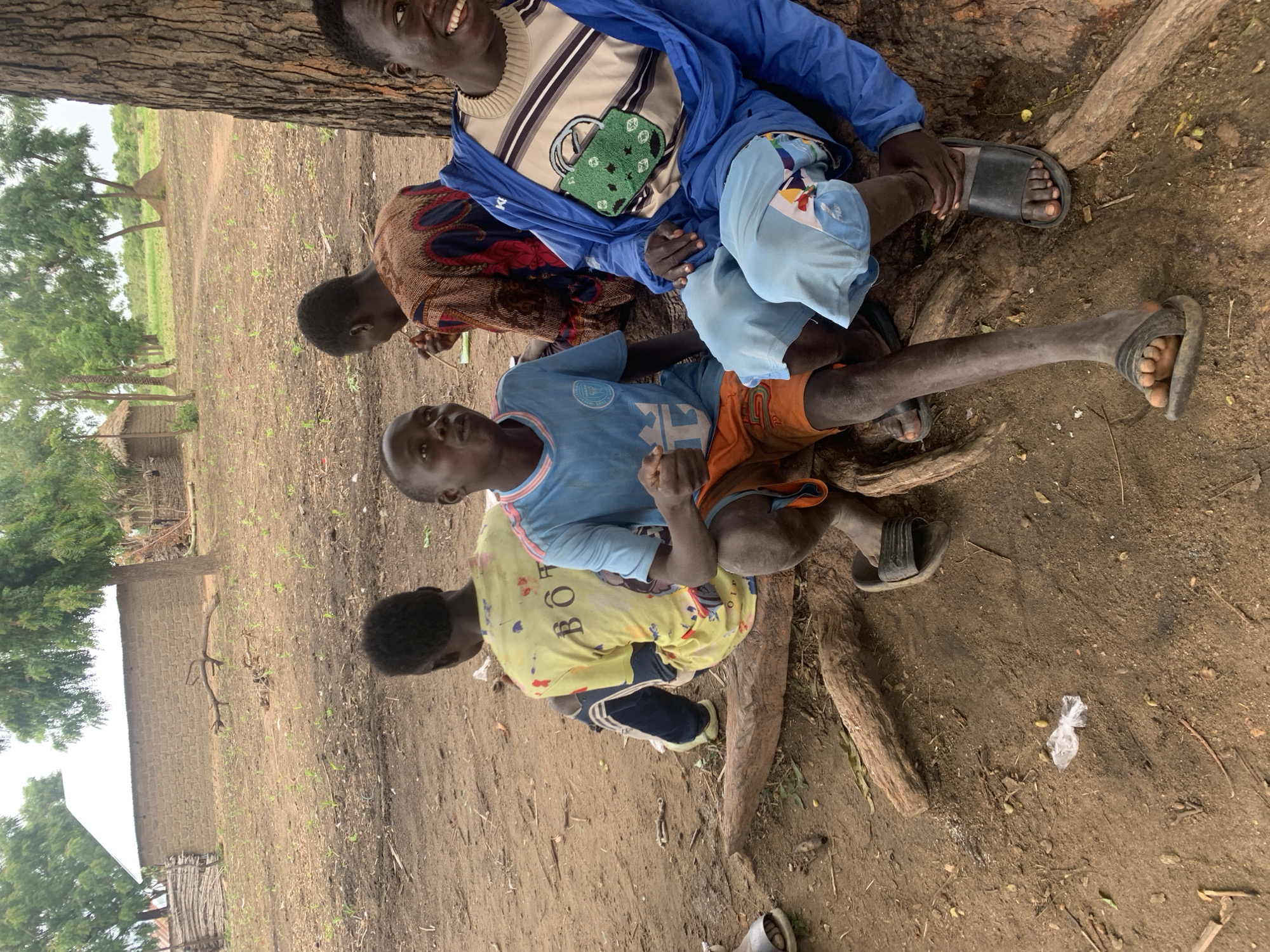 Four young boys are gathered near the base of a large tree in an outdoor area. The ground is dirt with scattered dry leaves and twigs. In the background, there are simple structures made of mud and thatch, as well as some greenery and trees. The boys are casually dressed. One boy, in the foreground to the right, is wearing a blue jacket over a striped shirt and light blue shorts, and he is smiling and looking to the side. The boy next to him, slightly to the left, is wearing a light blue t-shirt and orange shorts, and he is looking forward with his mouth slightly open. Another boy, seated further back and to the left, is wearing a yellow t-shirt with writing on the back and dark pants. The fourth boy, in the middle background, is wearing a patterned brown and red garment and is holding something to his mouth. The scene appears to be in a rural setting in Dull A, Nigeria.