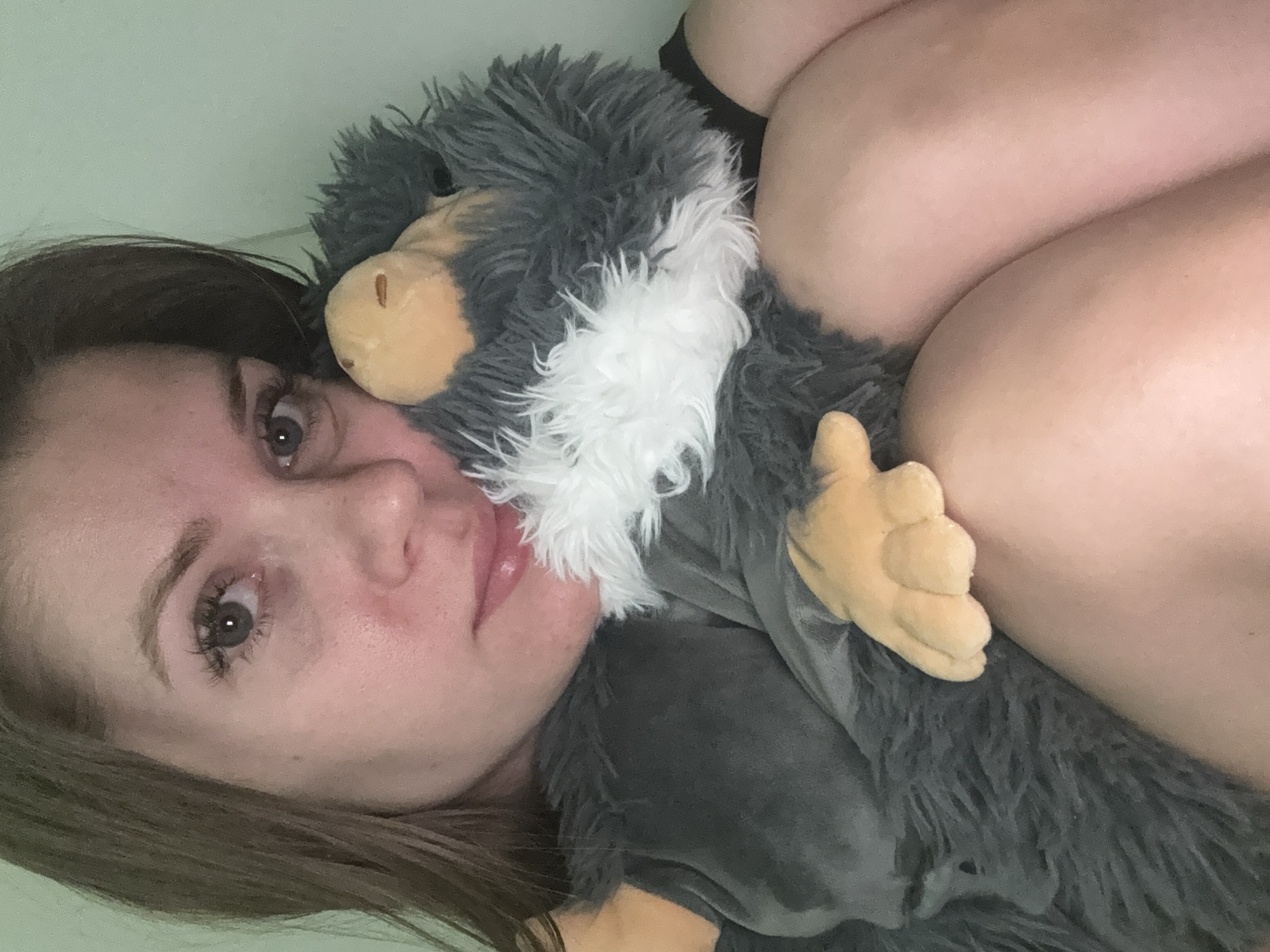 The image displays a female individual situated in an indoor environment in Batumi, Georgia. She has brown hair, partially framing her face, and light-colored eyes, directed straight forward. Her face exhibits a mild redness in the cheek and nasal area. She is holding a large, plush, dark grey stuffed animal featuring a white chest and light orange/yellow head and limbs. The stuffed animal is positioned against her upper torso. Partially visible bare legs, bent at the knees, are present in the lower right portion of the frame. The background consists of a plain, light green wall.