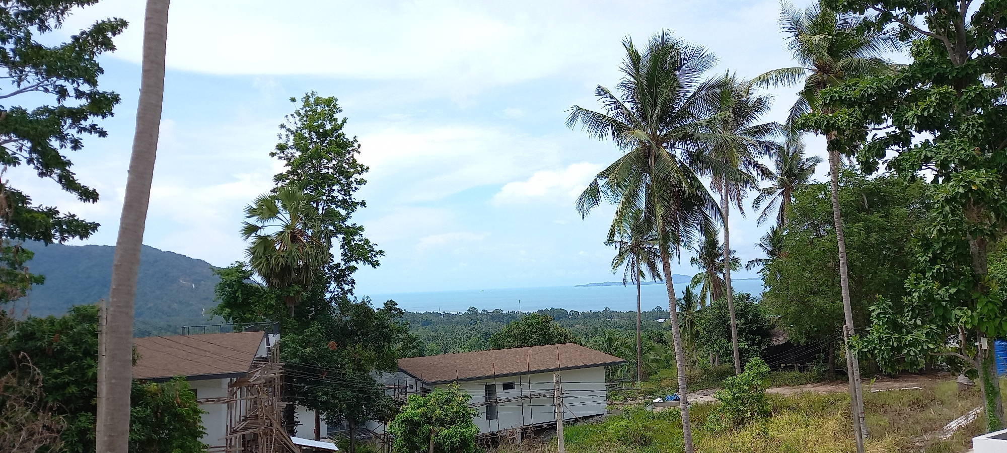 This landscape photograph shows the city of Baan Tai, Thailand, presenting a view of the sky, ocean, trees, and buildings. The sky is light blue with scattered white clouds. Below the sky, there is a body of water, presumably the ocean, with a strip of land visible in the distance. The landscape is dominated by lush green vegetation, including palm trees of varying sizes and leafy trees. In the foreground, there are two white, single-story buildings with brown roofs, seemingly under construction or renovation, as evidenced by the scaffolding around the building. There are various power lines strung across the shot.