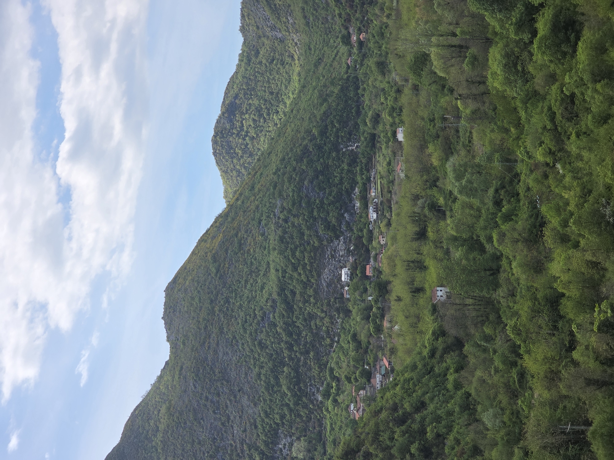 The image depicts a mountainous landscape in Seoca, Montenegro, viewed from a distance. The mountains are covered in lush green vegetation, including trees and other foliage. Several small houses and buildings are nestled amongst the trees on the mountainside. The sky is blue with scattered white clouds. No people are visible in the image.