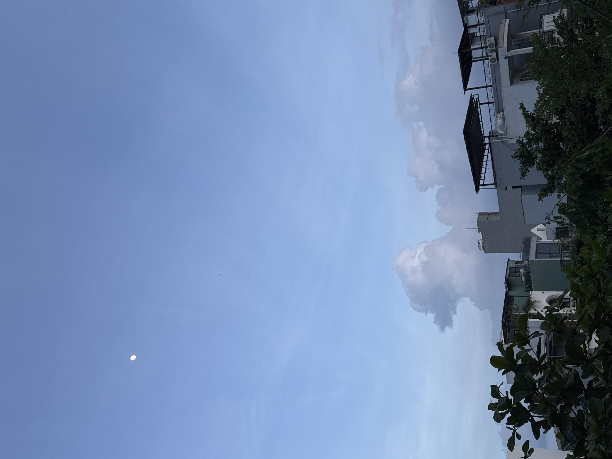 The image depicts a twilight sky over the city of Đà Nẵng, Vietnam. A crescent moon is visible in the upper left quadrant of the sky. Below, a cluster of residential buildings with flat roofs, some adorned with canopies and air conditioning units, occupy the lower portion of the frame. Lush green foliage from trees and plants partially obscures the lower levels of the buildings. The sky is a soft blue, transitioning from lighter shades near the horizon to a deeper hue overhead, with wispy clouds scattered throughout. The overall impression is of a calm evening scene in an urban environment.