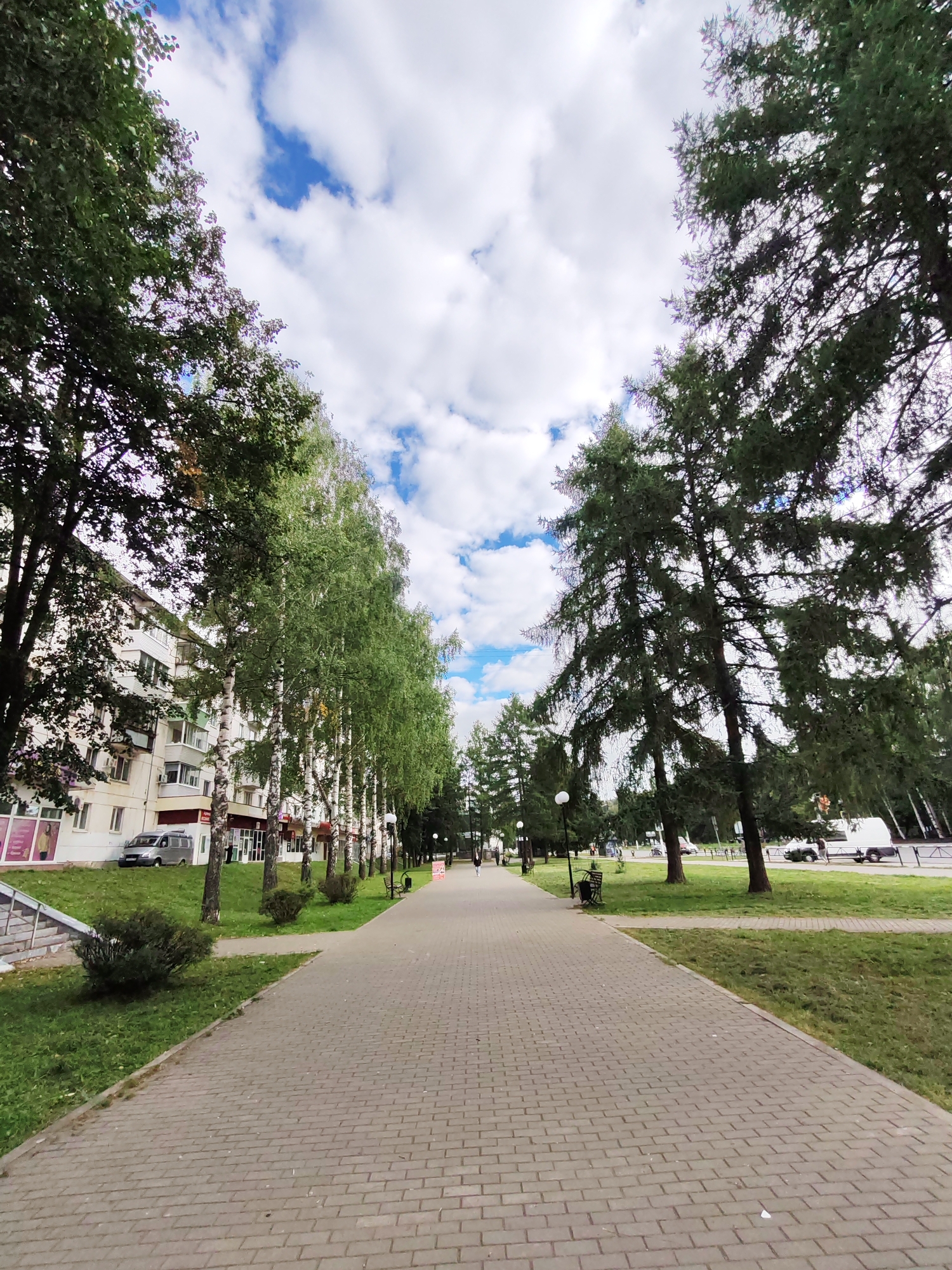 The image depicts a paved walkway in a city park, flanked by trees on both sides, with a building on the left. The walkway appears to be made of interlocking concrete pavers and stretches into the distance. On the left, a multi-story apartment building with balconies is visible, along with parked cars and some greenery. A line of birch trees with white bark and green foliage stands between the building and the walkway. On the right, tall evergreen trees and a grassy area with benches are present. The sky is partly cloudy, with patches of blue sky and white clouds. The scene is illuminated by daylight. There are a few individuals walking on the walkway and some vehicles visible in the background. The location is identified as Chaikovsky, Russia.