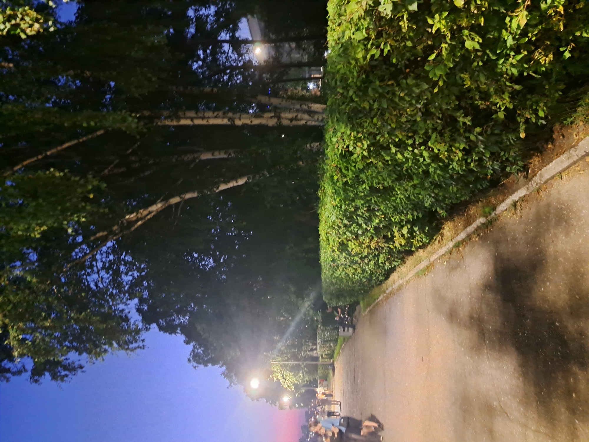 The image depicts a park pathway in Irkutsk, Russia, at dusk. The pathway is paved and bordered by a neatly trimmed green hedge on the right. Trees with distinctive white bark, possibly birch trees, are visible behind the hedge, with their foliage dark against the twilight sky. Lampposts line the pathway, casting light onto the scene. Several people are walking along the path in the distance, some silhouetted against the fading light. One person is seated on a bench next to the hedge. The sky transitions from a pale pink and orange near the horizon to a deep blue overhead. The overall impression is of a pleasant evening stroll in a city park.