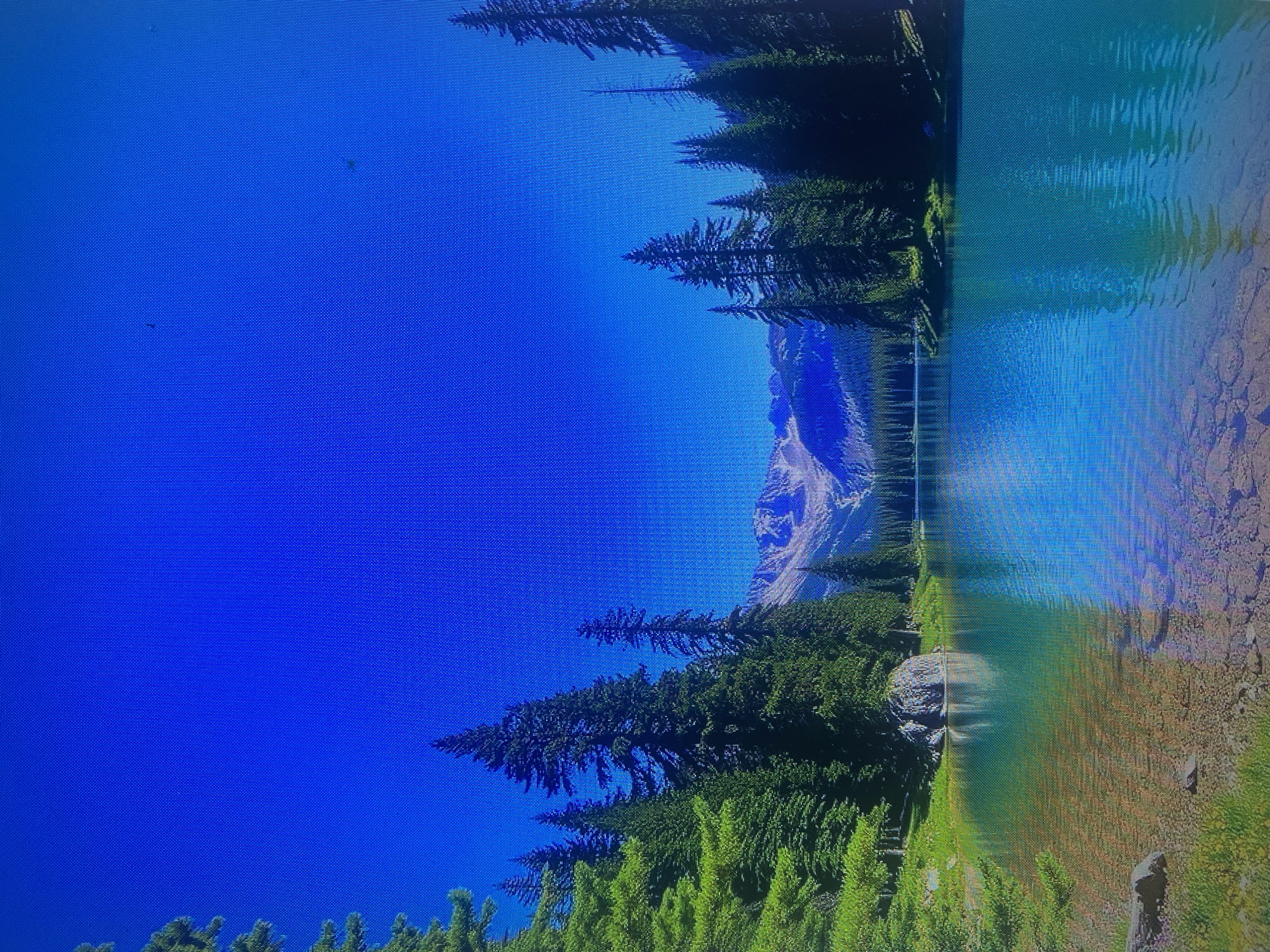 This is a landscape photograph depicting a serene mountain lake surrounded by evergreen trees. The sky is a vibrant, clear blue. In the foreground, the crystal-clear water reveals the rocky lakebed. To the left, the shore is covered in green grass and scattered rocks, with several tall evergreen trees rising up the bank. A large, moss-covered boulder sits near the water's edge. Across the lake, a dense forest of pine trees lines the shore, with a majestic mountain range visible in the background. The mountains are dusted with snow on their peaks, contrasting with the darker, forested slopes. The reflection of the trees and mountains can be seen on the calm surface of the lake. The image is captured from a slightly low angle, emphasizing the scale of the trees and mountains.
There is no indication that this image is located in the city of Samara, Russia.