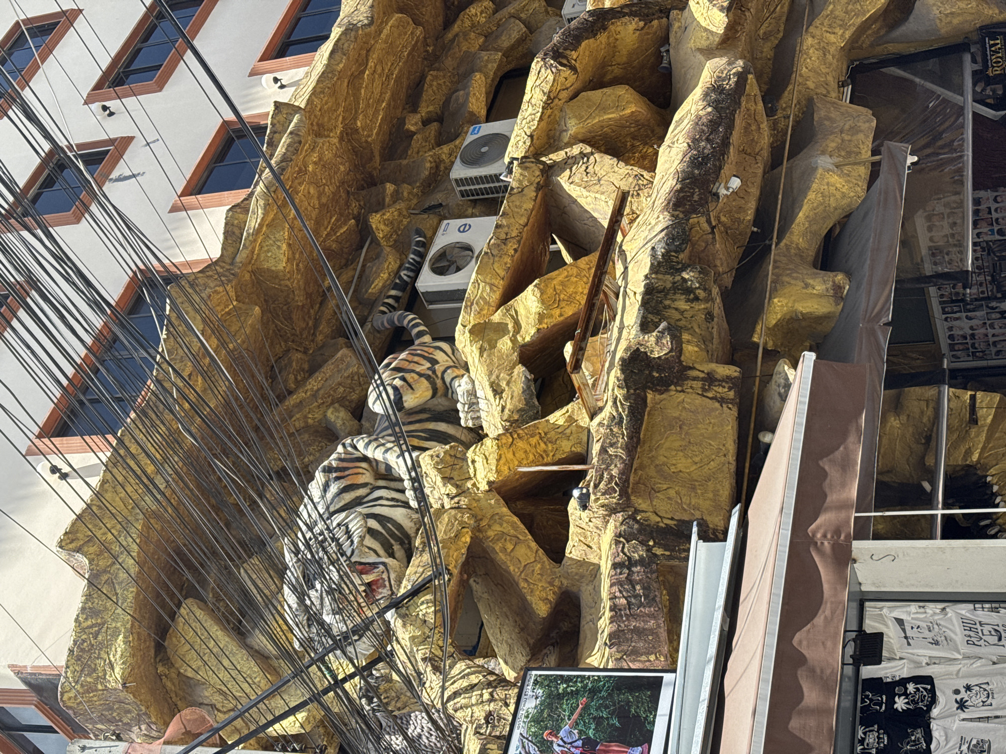 The image shows a building facade in Patong, Thailand, with a large, artificial rock formation that includes a tiger statue. The tiger is depicted lying down, with its head and upper body visible. The rock formation is gold-colored and appears to be part of the building's exterior design, possibly a theme for a business. Several electrical wires and air conditioning units are visible on or around the rock formation. Below the rock formation, there is a storefront with awnings and merchandise displayed, including t-shirts with various designs. A sign with text in Thai and English is partially visible. The scene appears to be a commercial street with shops. The overall impression is a vibrant, somewhat cluttered urban environment with a kitschy architectural element.