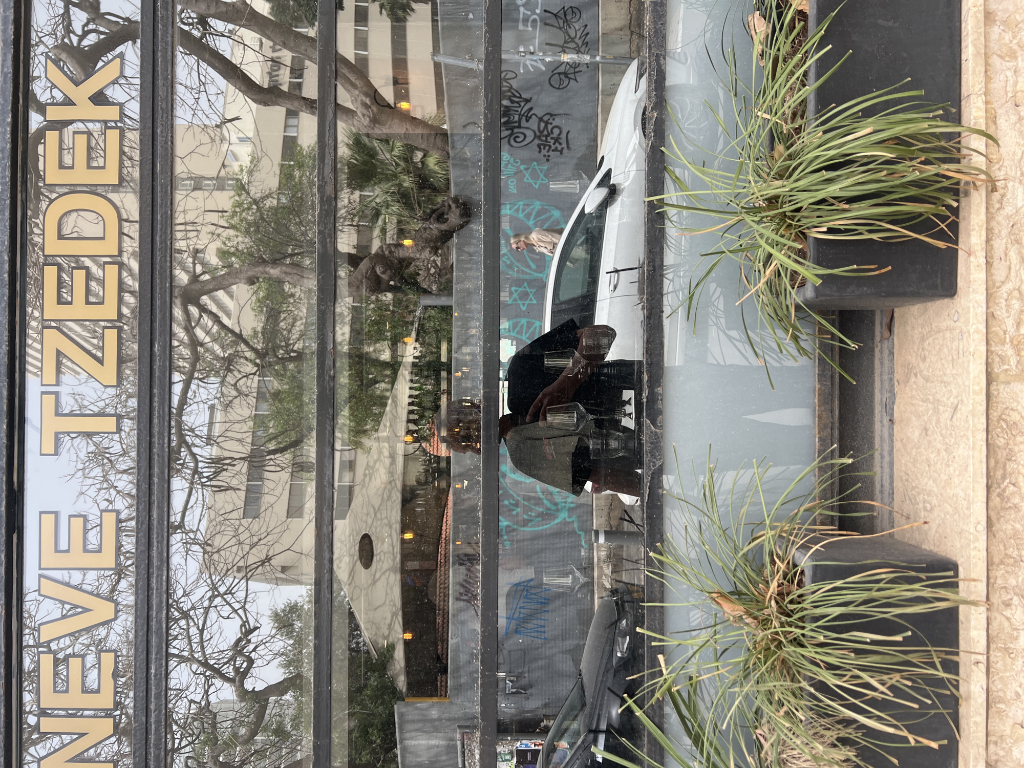 The image shows a street scene in Tel Aviv, Israel, viewed through a shop window. The storefront has the name "NEVE TZEDEK" vertically aligned on the left. The window reflects buildings and trees across the street. Outside, there are potted plants and cars parked along the street. Graffiti is visible on a wall. A person is reflected in the window, holding what appears to be two glasses. Another person is visible inside a white car in the reflection.