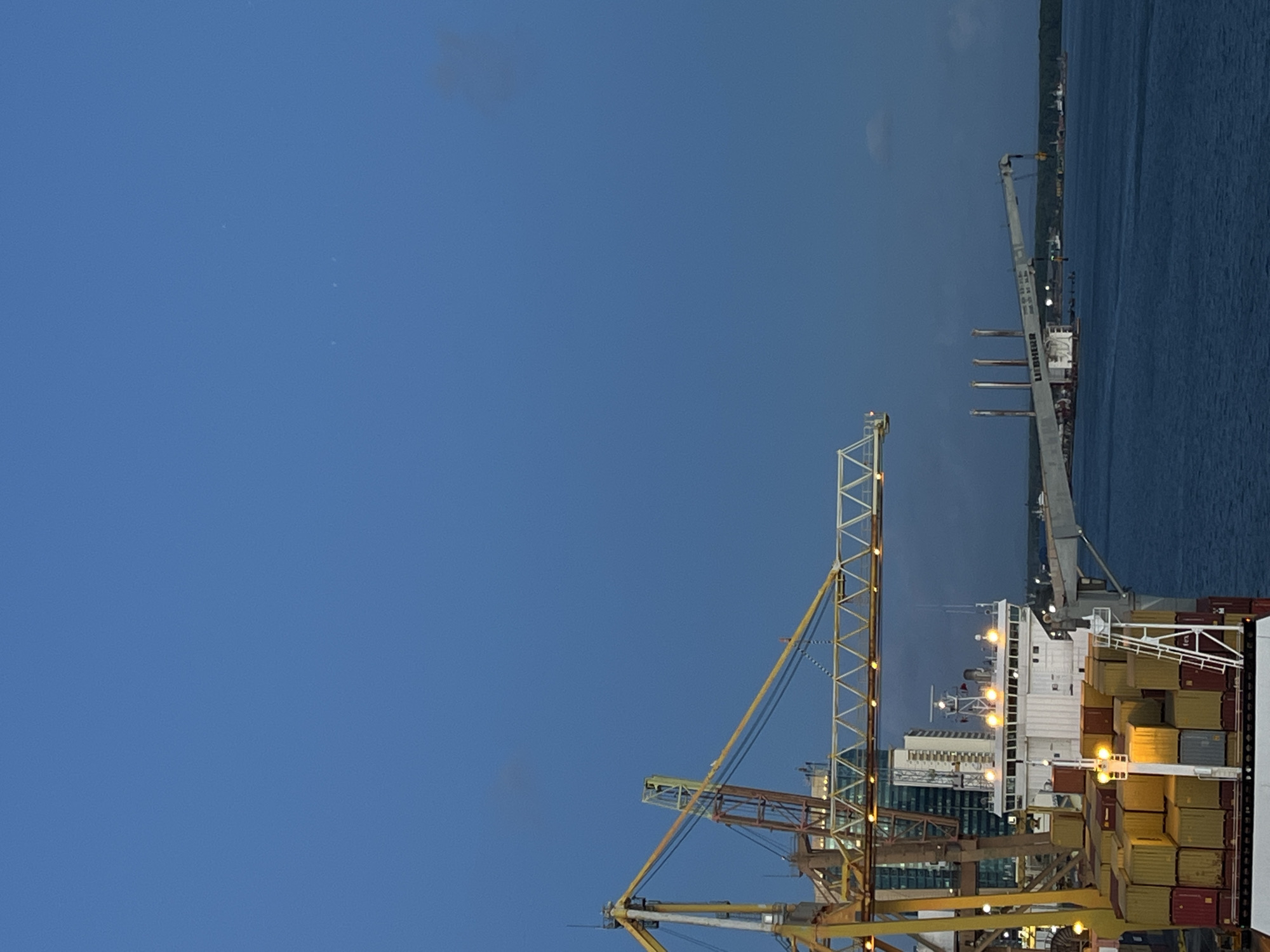 The image depicts a vibrant, industrial scene at what appears to be a cargo port during twilight or dusk. The sky is a deep, clear blue, and the overall lighting suggests the transition from day to night, with numerous artificial lights illuminated on the ship and cranes.
In the foreground, a large, yellow-colored gantry crane dominates the left side of the frame, its complex metal structure and cables extending across the view. Lights along its beams are switched on, casting a warm glow. To the right of this crane, a massive container ship is docked, its superstructure a stark white with multiple illuminated windows and decks. The deck of the ship is laden with a dense arrangement of shipping containers of various colors, predominantly yellow, but also red, blue, and grey, stacked high.
Further in the background, a second, lighter-colored crane, possibly grey or white, is visible. The brand name "LIEBHERR" can be clearly read on its side. This crane extends over the water, where a narrow strip of land or a distant coastline is visible, featuring some faint structures or buildings and green foliage. The body of water appears calm.
The scene captures the logistical operations of a busy port, with the ship seemingly either being loaded or unloaded of its cargo. The time of day adds a dramatic and atmospheric quality, highlighting the continuous activity of global commerce.