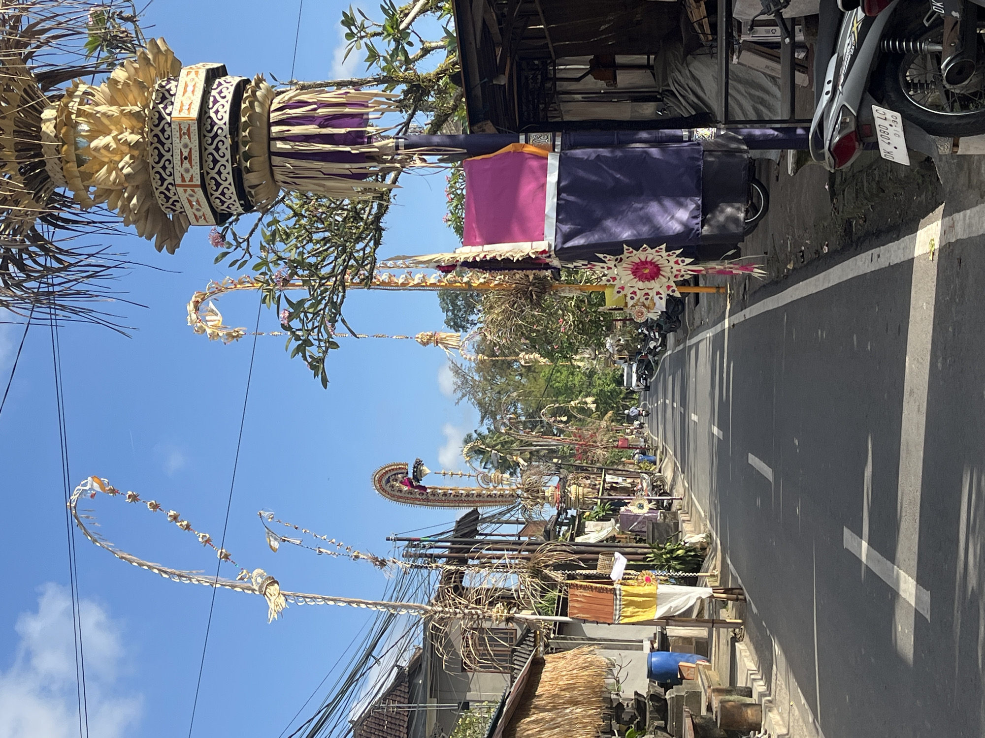 The image captures a street scene in the city of Ubud District, Indonesia. The street is paved with asphalt and marked with white lines. On the right side of the street, a motorcycle is parked. Further down the street, other motorcycles are parked along the roadside, and a few people are visible, one riding a motorcycle. Buildings line the street, some with thatched roofs and others with tiled roofs.
The most prominent features are the decorative poles lining the street, adorned with intricate woven elements, banners, and colorful fabrics, including purple and pink. These decorations appear to be part of a cultural or religious celebration, as indicated by the festive nature of the arrangements. Some poles are tall and curved, reaching high into the clear blue sky, while others are shorter and more elaborate. Several trees with green foliage are interspersed among the structures and decorations. The overall atmosphere suggests a vibrant street in a tropical setting, likely during a local festival or event.