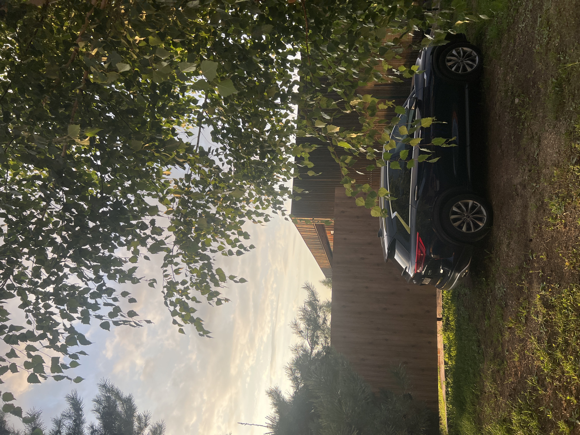 The image depicts a dark-colored SUV parked on a dirt and grass surface in front of a wooden fence. A modern structure with dark vertical siding is visible behind the fence. Overhanging foliage from trees, primarily birches, partially obscures the sky and the background. The sky shows scattered clouds illuminated by warm, likely late afternoon or early morning light. The scene appears to be a residential backyard or a private property, possibly in a rural or suburban area. The location is stated to be Большая Шильна, Russia. There are no people visible in the image.