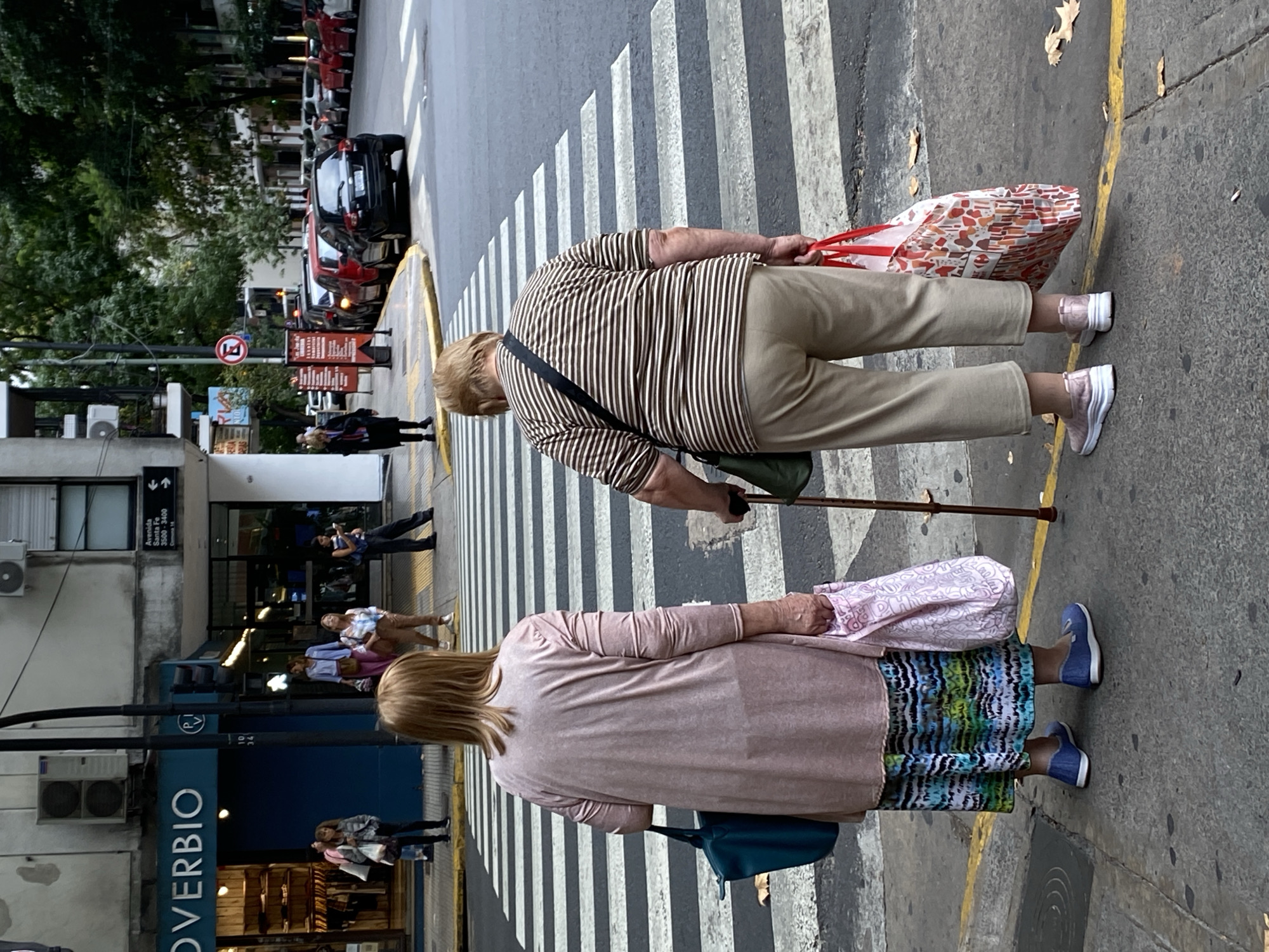 An urban street scene unfolds in Buenos Aires, Argentina, specifically near the 3400-3500 block of Avenida Santa Fe, indicated by a street sign visible on a building corner.
In the foreground, two elderly women stand on a sidewalk, facing away from the camera, positioned at the edge of a white-striped pedestrian crossing. The woman on the left has light brown, shoulder-length hair and wears a light pink long cardigan over a multi-colored (blue, green, white, black) patterned midi-skirt, with blue slip-on shoes. She carries a teal tote bag on her left arm and a light purple patterned plastic bag in her right hand. The woman on the right has shorter, light brown hair and wears a brown and white striped long-sleeved top, beige trousers, and light pink athletic slip-on shoes. She carries a dark green shoulder bag diagonally across her torso and a reddish-orange and white patterned plastic shopping bag in her right hand, while supporting herself with a brown walking stick in her left hand. Both appear to be waiting to cross the street.
The street is asphalt with a yellow curb line. A black street light pole with a traffic signal showing red is positioned at the intersection. On the left, a building features a blue storefront sign partially displaying "OVERBIO" and "1034". Several individuals are visible on the sidewalks in the midground; on the left, people are near the "OVERBIO" store, including one woman in a light grey jacket and another in a purple top. On the right, across the street, a woman in a black coat walks away, and two other women stand on the corner. Cars, including black and red models, are parked along the right side of the street. Trees with green foliage line the sidewalks further down the street. Orange and red sandwich board signs are visible on the sidewalk to the right. A circular red "No Entry" sign is also present further down the road. Dried leaves are scattered on the foreground sidewalk. The sky is overcast.