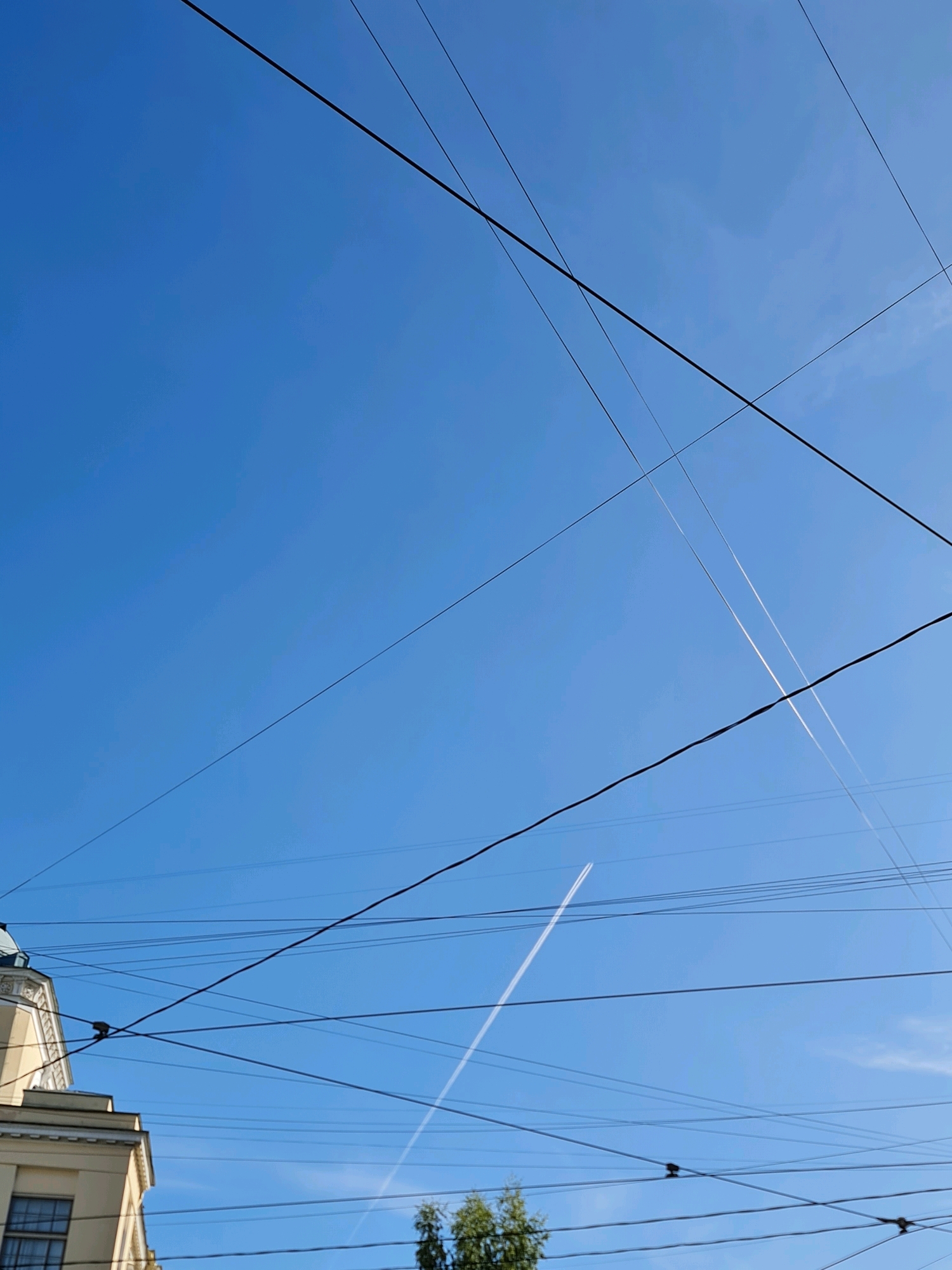 In Saint Petersburg, Russia, a bright blue sky forms the backdrop for a complex network of overhead wires, likely for transportation systems. A faint white contrail from an airplane stretches across the sky, indicating recent aerial activity. In the lower left corner, a portion of a cream-colored building with classical architectural elements, including a domed section, is visible. A few green trees peek out from behind the wires near the bottom of the frame. No people are discernable in the image.