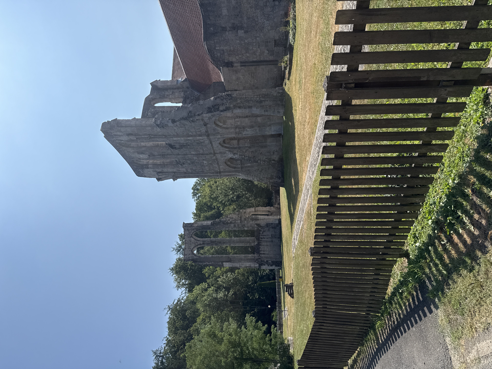 The image depicts the ruins of the Walkenried Abbey in Walkenried, Germany, under a clear blue sky. In the foreground, a weathered wooden fence runs horizontally across the frame, casting long shadows onto the asphalt path to its left. Beyond the fence, a dry, grassy field stretches towards the abbey ruins.
To the left of the image, a section of the abbey stands as a skeletal structure of stone arches and walls, framed by lush green trees that form a dense forest backdrop. To the right, a more intact portion of the abbey features a tiled red roof and stone walls, with arched windows visible in the ruinous section. The architecture suggests a historical, possibly medieval, building. The scene is bathed in bright sunlight, indicating a daytime setting, likely during a warm season. No people are visible in the image.