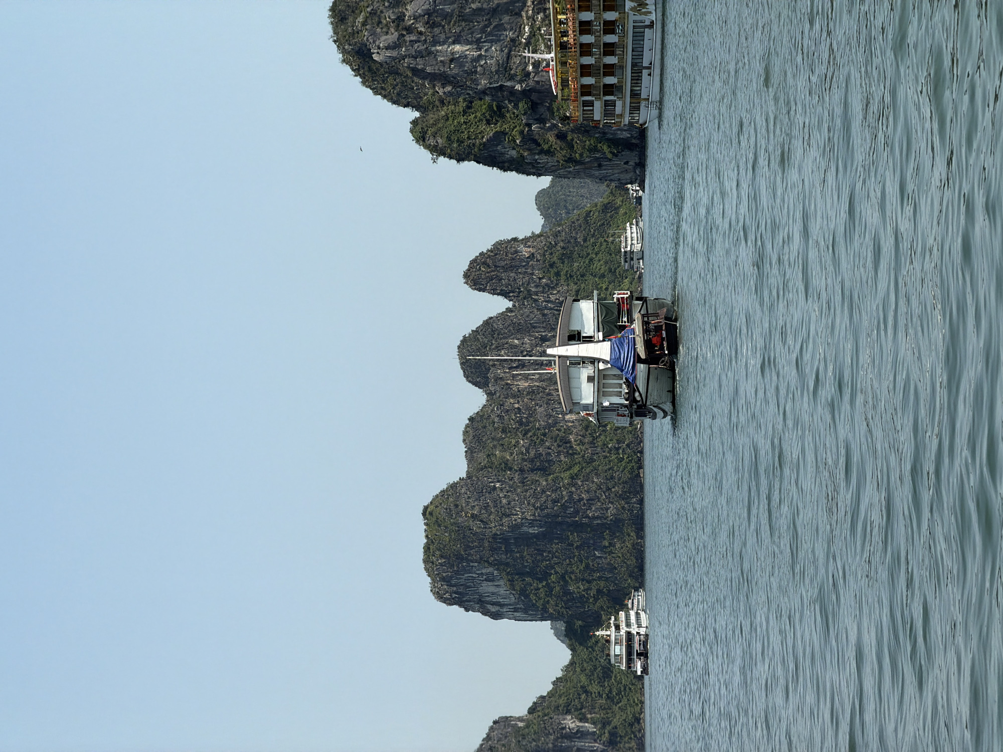 This image captures a panoramic view of a bay, characterized by numerous limestone karsts rising dramatically from the tranquil waters under a clear, light blue sky. The scene is set during the daytime, with ample sunlight illuminating the landscape.
In the foreground, slightly to the right of the center, a white boat is visible, featuring a blue tarp or cover on its bow. Further back in the midground, towards the right, a larger, multi-decked cruise ship or tour boat with multiple windows and balconies is present, positioned closer to one of the prominent karsts. Several other smaller boats are scattered in the distance between the rocky islands, indicating maritime activity.
The towering karsts are covered in lush green foliage, showcasing the unique geological formations typical of the region. The water surface is calm, exhibiting gentle ripples. The overall setting strongly suggests Ha Long Bay, aligning with the provided location context of Ha Long Ward, Vietnam, a renowned UNESCO World Heritage site known for its stunning seascape. No visible text can be clearly discerned on any objects or vessels in the image. The atmosphere is one of serene natural beauty and active tourism.