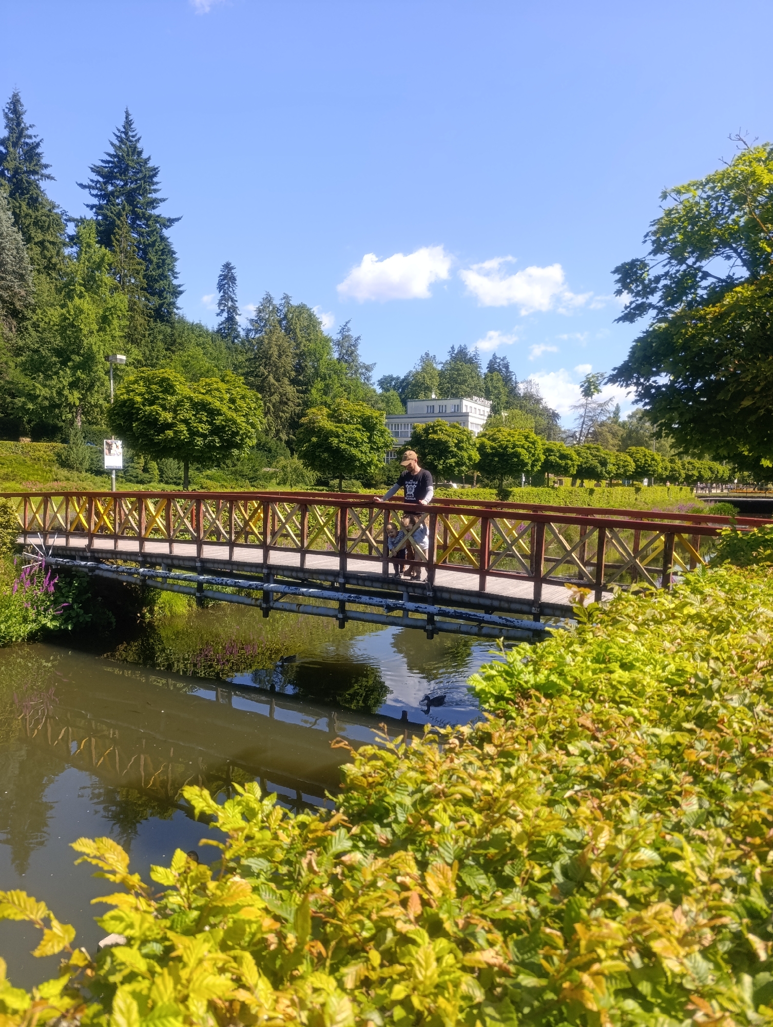 This image depicts a man standing on a wooden bridge that spans a body of water. The bridge has red and yellow railings. The man is wearing a black t-shirt and a baseball cap. He is accompanied by a young child. The environment is lush and green, with a variety of trees and bushes surrounding the water. In the background, a white building with multiple windows is visible, nestled amongst the trees. The sky is clear blue with a few white clouds. The scene appears to be a park or garden area. The building in the background is the Hotel Miramare in Luhačovice, Czechia.