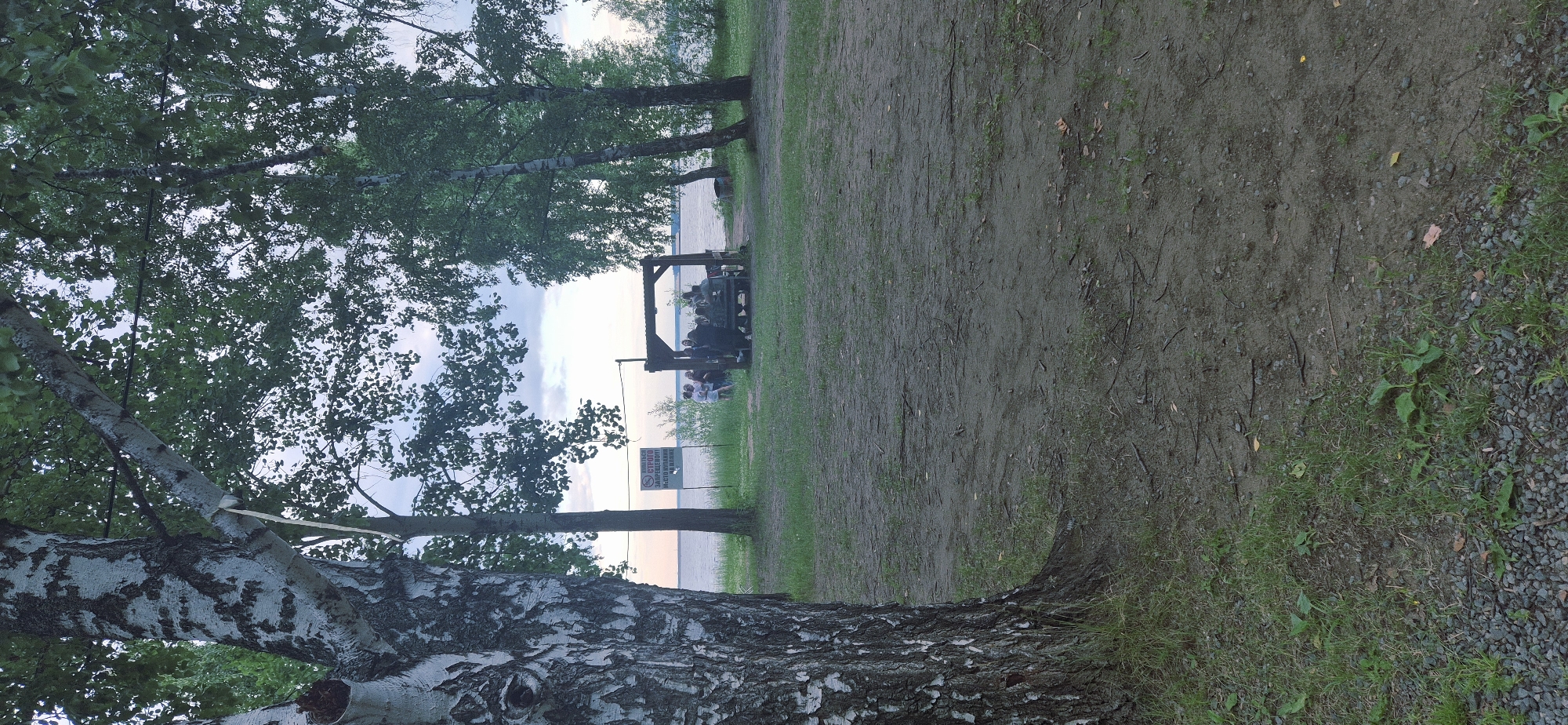 The image depicts a waterfront park area in Chaikovsky, Russia, likely during the late afternoon or early evening given the soft lighting. In the foreground, a large birch tree with distinctive white and black bark dominates the left side of the frame. Beyond the tree, a clearing of dirt and grass leads towards the water.
In the middle ground, a group of approximately 8-10 people are gathered under a wooden gazebo with a peaked roof. They appear to be seated around a table, suggesting a social gathering or a picnic. The gazebo is positioned near the edge of a body of water, which occupies the background.
To the left of the gazebo, a sign is visible, attached to a pole. The sign has Cyrillic lettering and appears to be a warning or informational notice, possibly related to regulations for the area. The water body is calm, reflecting the sky which shows a mix of clouds and hints of sunset colors near the horizon. Trees line the far bank of the water, creating a natural backdrop. The overall atmosphere of the scene is relaxed and communal, set in a natural outdoor environment.